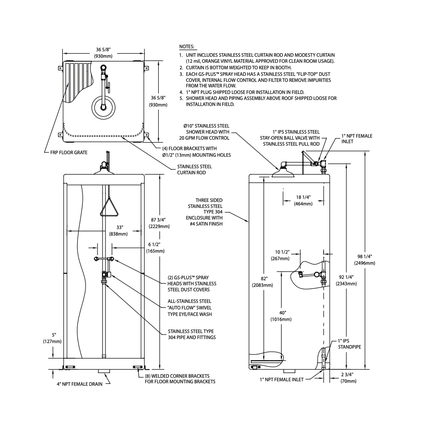 Guardian G2010 Stainless Steel Emergency Eyewash & Safety Shower Station with Bottom Drain - Front Entry Enclosure for Industrial & Laboratory Safety Use