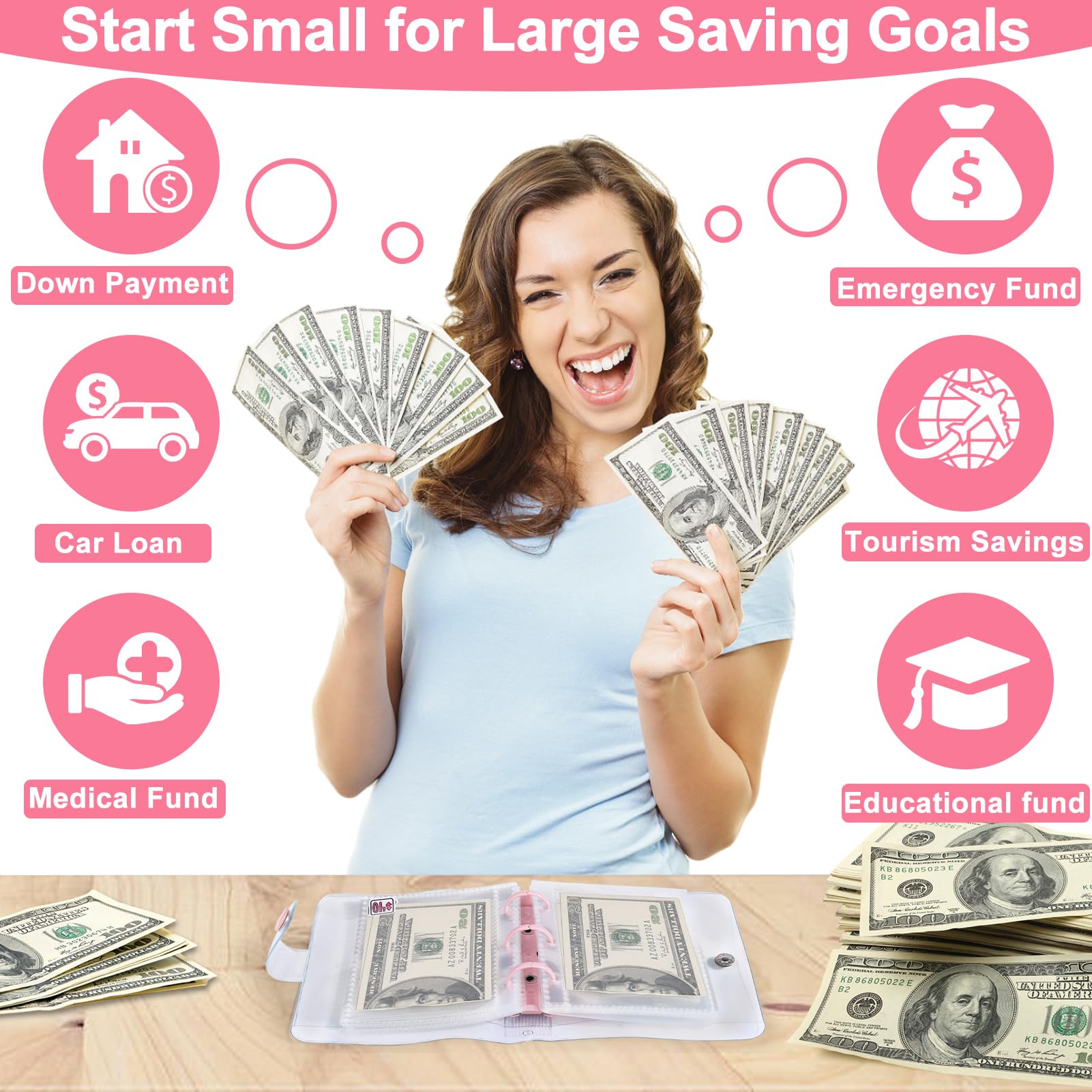 AIERSA 1000 Savings Challenge Mini Binder with Cash Envelopes - Portable Money Saving Budget Organizer for Cash Stuffing | Reusable Cute Style Budget Book | Perfect for Personal Finance, Envelope System & Savings Goals