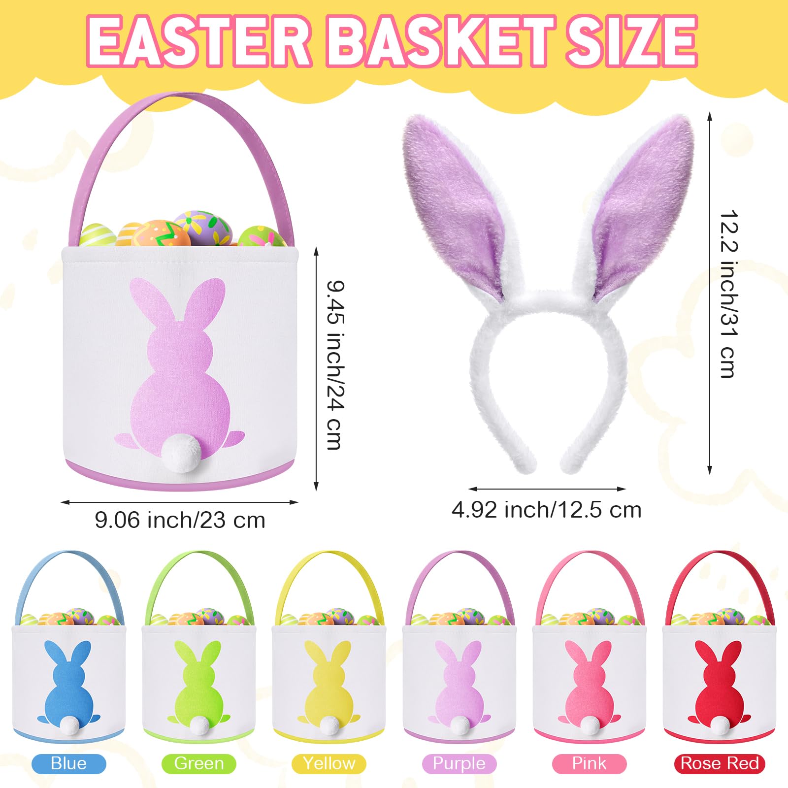 Domensi 6-Piece Bunny Easter Basket Set with Plush Bunny Headbands for Kids & Adults - Small Canvas Easter Baskets Bulk for Easter Egg Hunt Favors (9x9.45 Inches) - Perfect for Easter Parties, Classroom Treats & Spring Celebrations