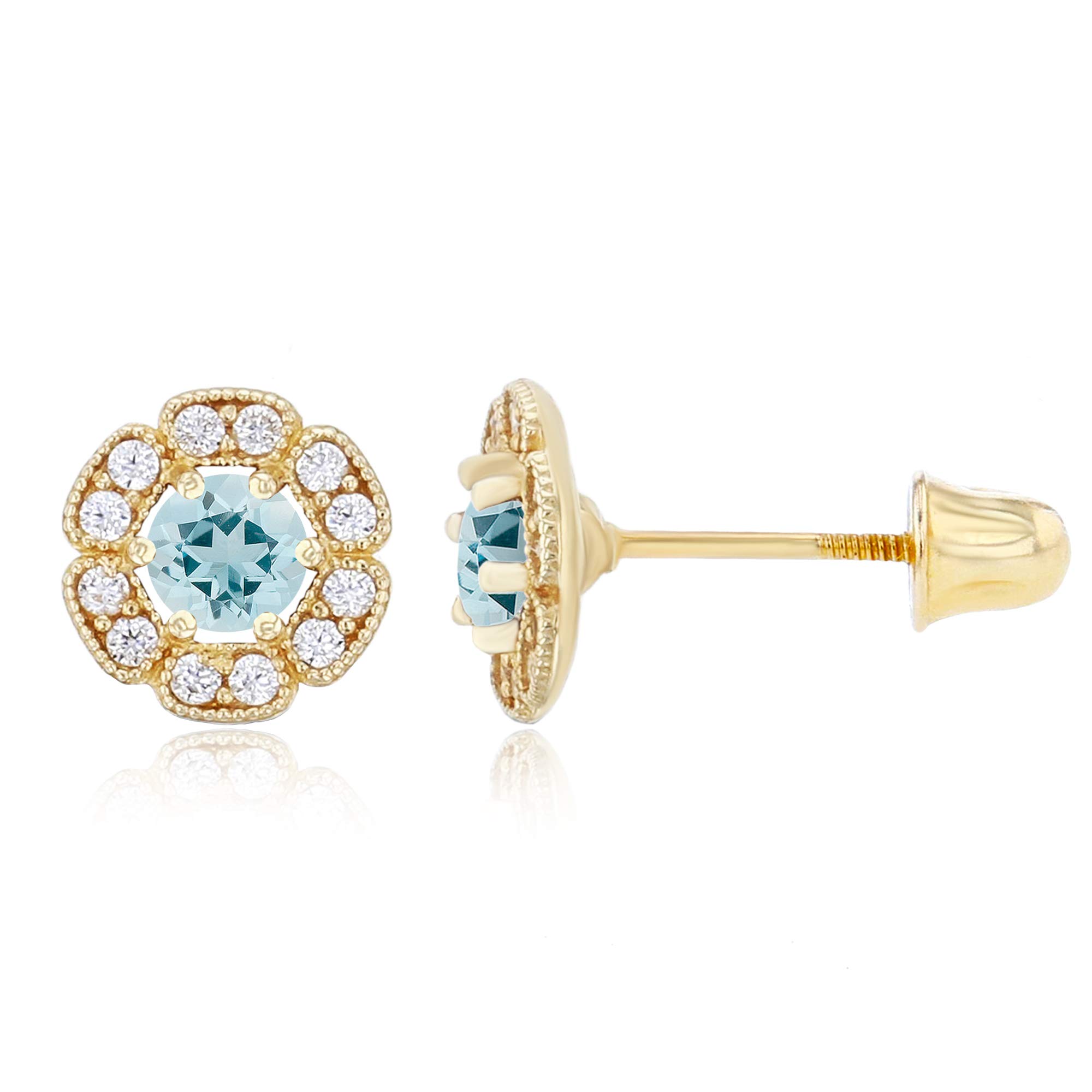 14K Solid Gold 6mm Natural Birthstone Flower Screwback Stud Earrings for Women | 7mm Round Birthstone | 1mm Created White Sapphire Flower Earrings | Perfect for Birthdays, Anniversaries & Everyday Elegance