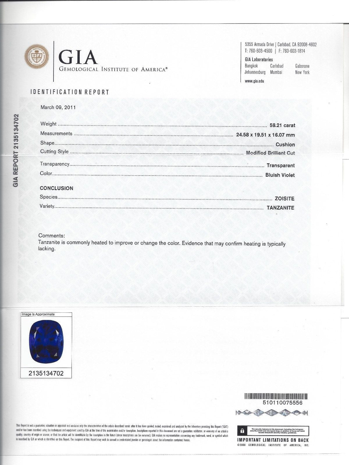 GIA Certified 58.21ct Natural Blue Cushion Cut Tanzanite Gemstone - Stunning Jewelry for Engagement Rings & Luxury Gifts