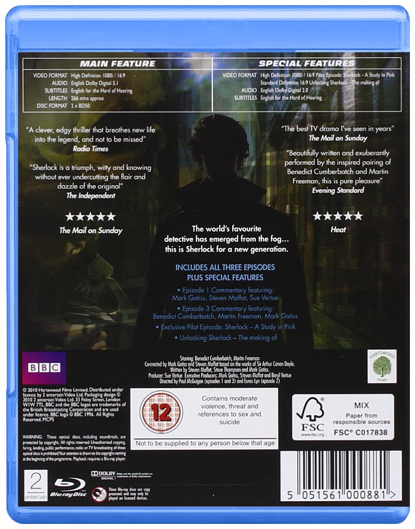 Sherlock Season 1 Blu-ray - Original UK Edition (Region Free, PAL 50i Compatible) | Crime Drama Series for Home Entertainment & Collector's Edition