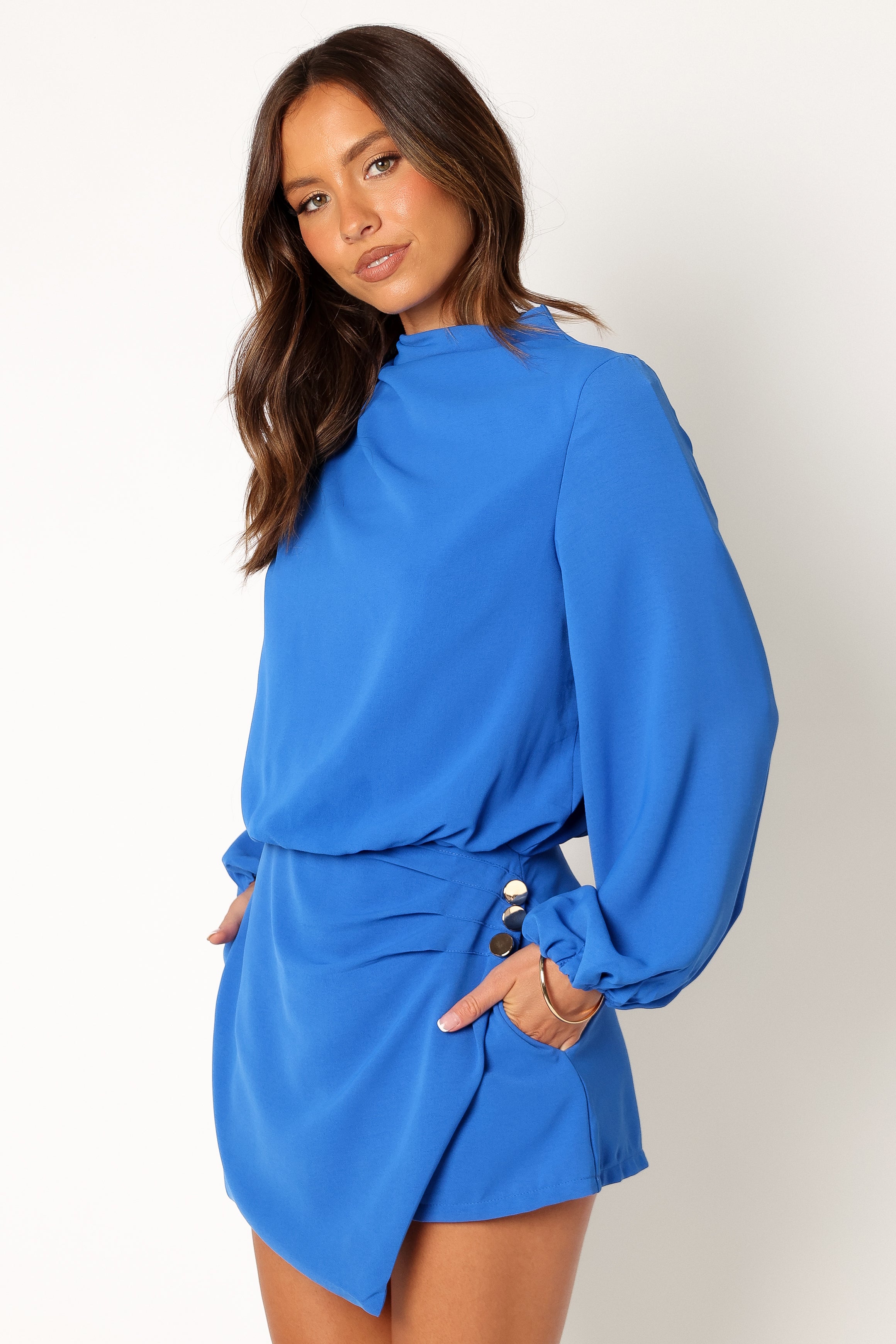 Galen Long Sleeve Romper Jumpsuit - Paris Blue Fashion Outfit for Women | Casual Wear, Street Style & Photoshoot Outfits