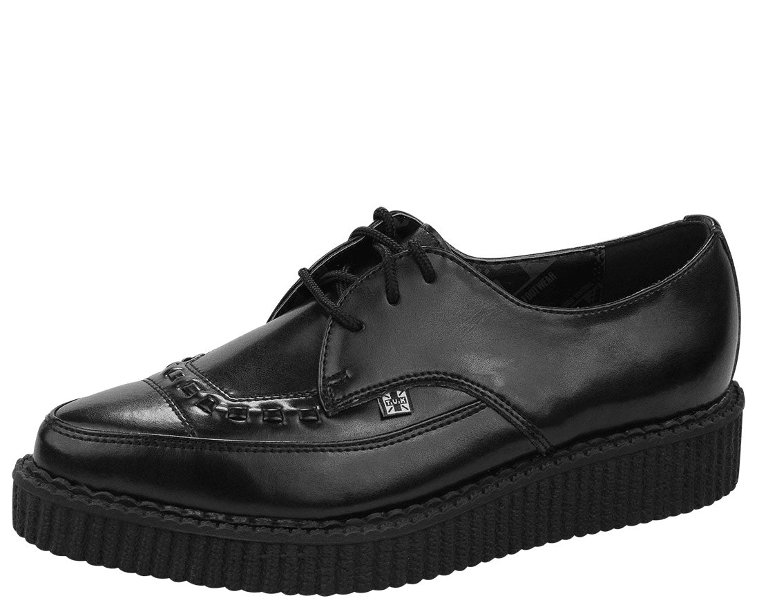 T.U.K Most Basic Black Leather Tie Pointed Creeper Shoes for Women - Gothic Punk Rock Fashion Footwear for Concerts, Clubbing & Alternative Style
