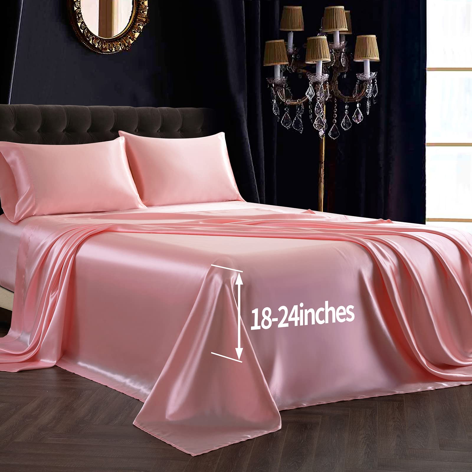 SiinvdaBZX 4PCS Queen Size Satin Sheet Set - Ultra Soft Blush Pink Deep Pocket Fitted Sheets (Fits 18-24