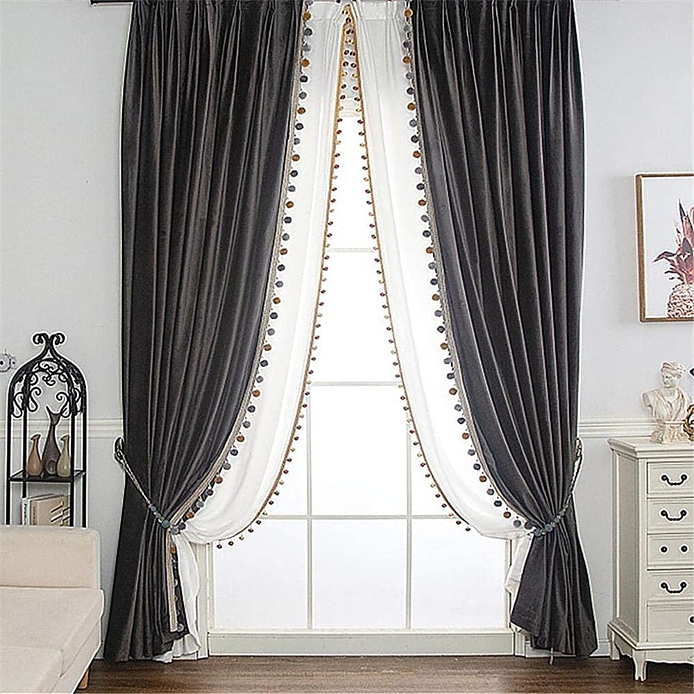 Luxury Blackout Curtains with Pom Poms - Thermal Insulated Velvet Drapes for Bedroom & Living Room (2 Panels) - Perfect for Light Blocking, Privacy & Home Decor