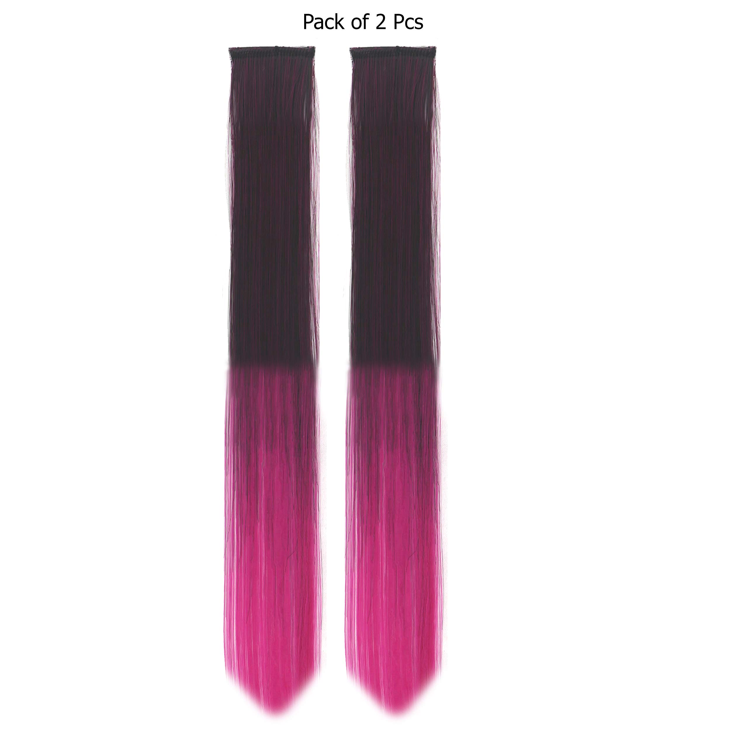 HEAVEN® 2-Piece Synthetic Straight Hair Extensions with Colored Streaks - Wine & Pink Highlights for Women & Girls | Perfect for Parties, Cosplay, and Daily Styling