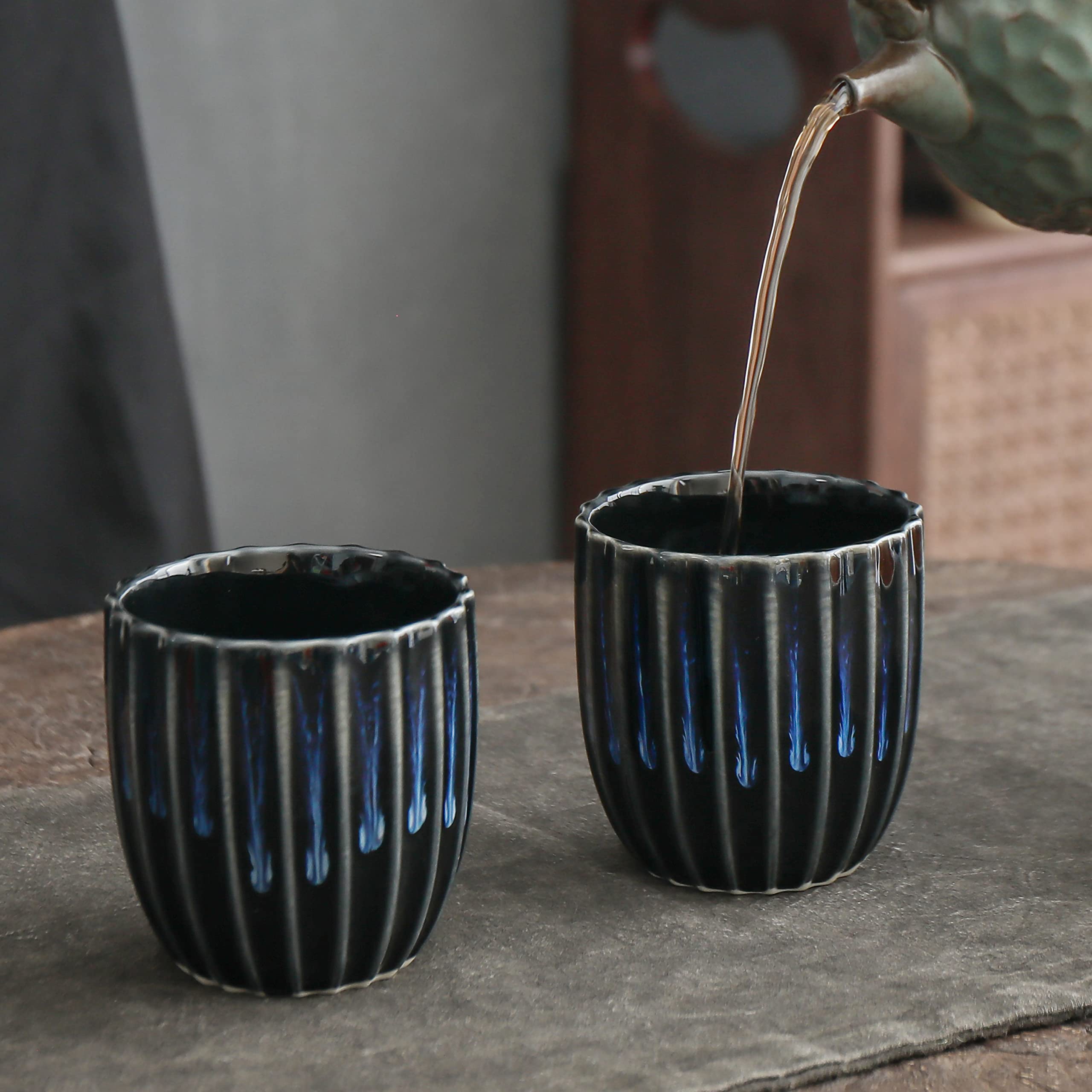 TEANAGOO 6.5 Oz Chinese Ceramic Tea Cups Set of 4 - Handmade Junware Blue Porcelain Cups for Green Tea, Matcha & Oolong - Traditional Asian Tea Ceremony, Home Decor & Gift (TG-H15)