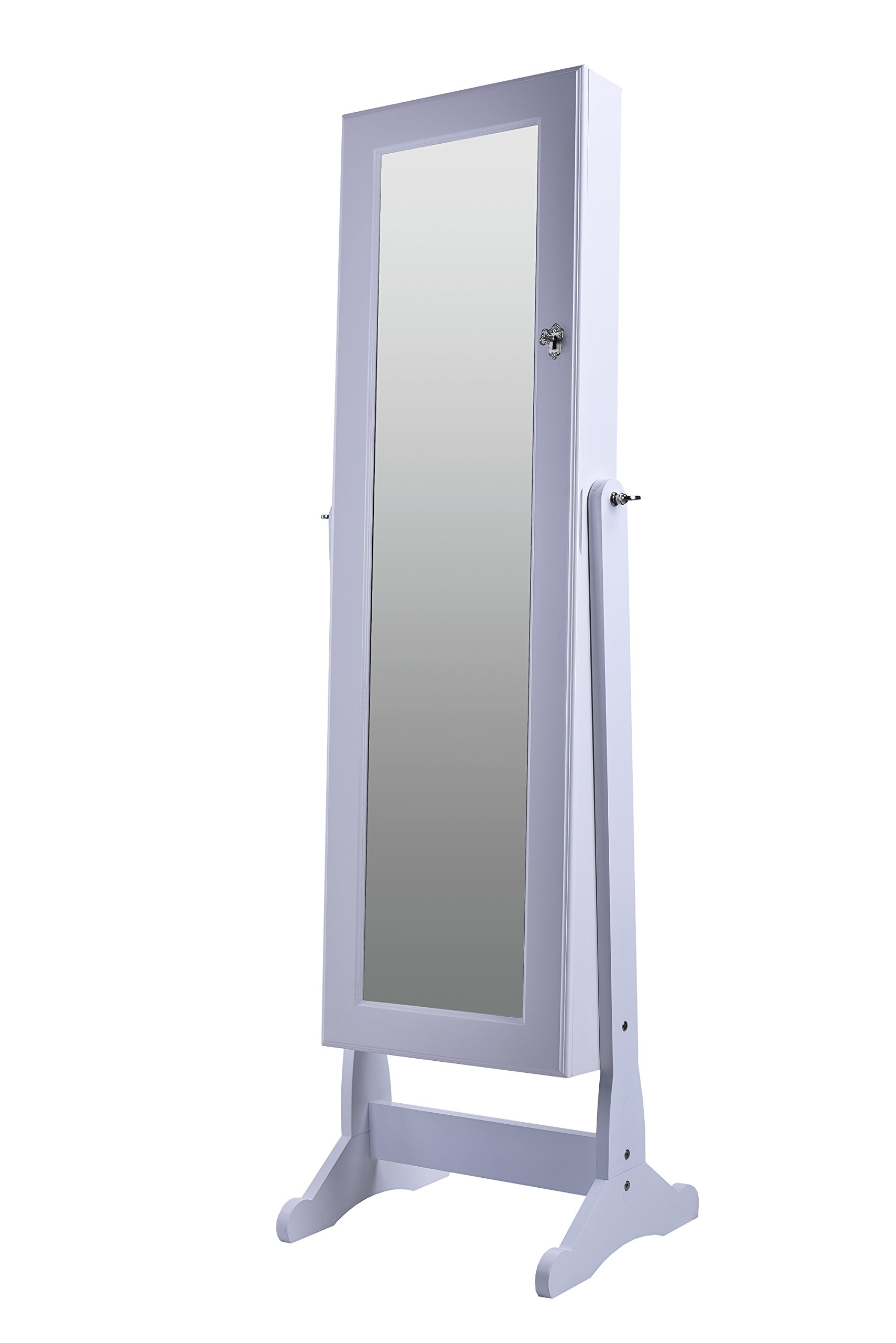 BTEXPERT Premium Wooden Jewelry Armoire with Full-Length Mirror & Safety Lock - Floor Standing Jewelry Cabinet Organizer with Multiple Storage Compartments - Perfect for Bedroom, Closet & Dressing Room Organization (White)