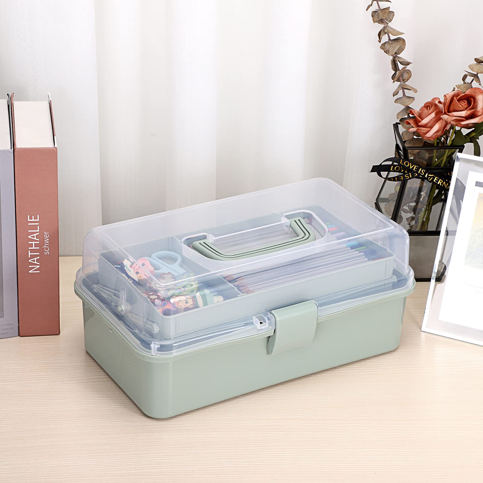 BTSKY 3-Layer Plastic Storage Box with Adjustable Dividers - Portable Craft Organizer for Art Supplies, Sewing Kits, Medicine & Home Organization - Perfect for Artists, Crafters & Home Use (Haze Green)
