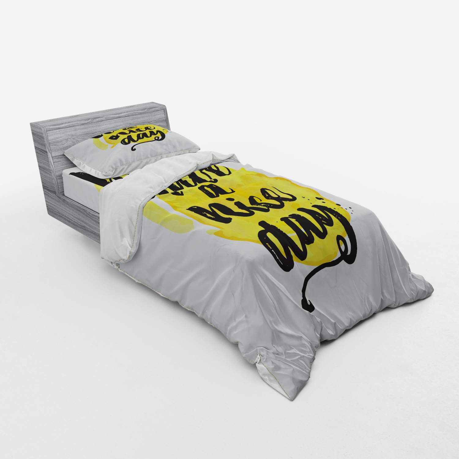 Ambesonne Positive Saying 'Have a Nice Day' 3-Piece Duvet Cover Set with Brush Stroke Lettering - Twin XL Size in Charcoal Grey & Yellow | Includes Sham & Fitted Sheet | Perfect for Bedroom Decor, Guest Rooms & Dorm Essentials