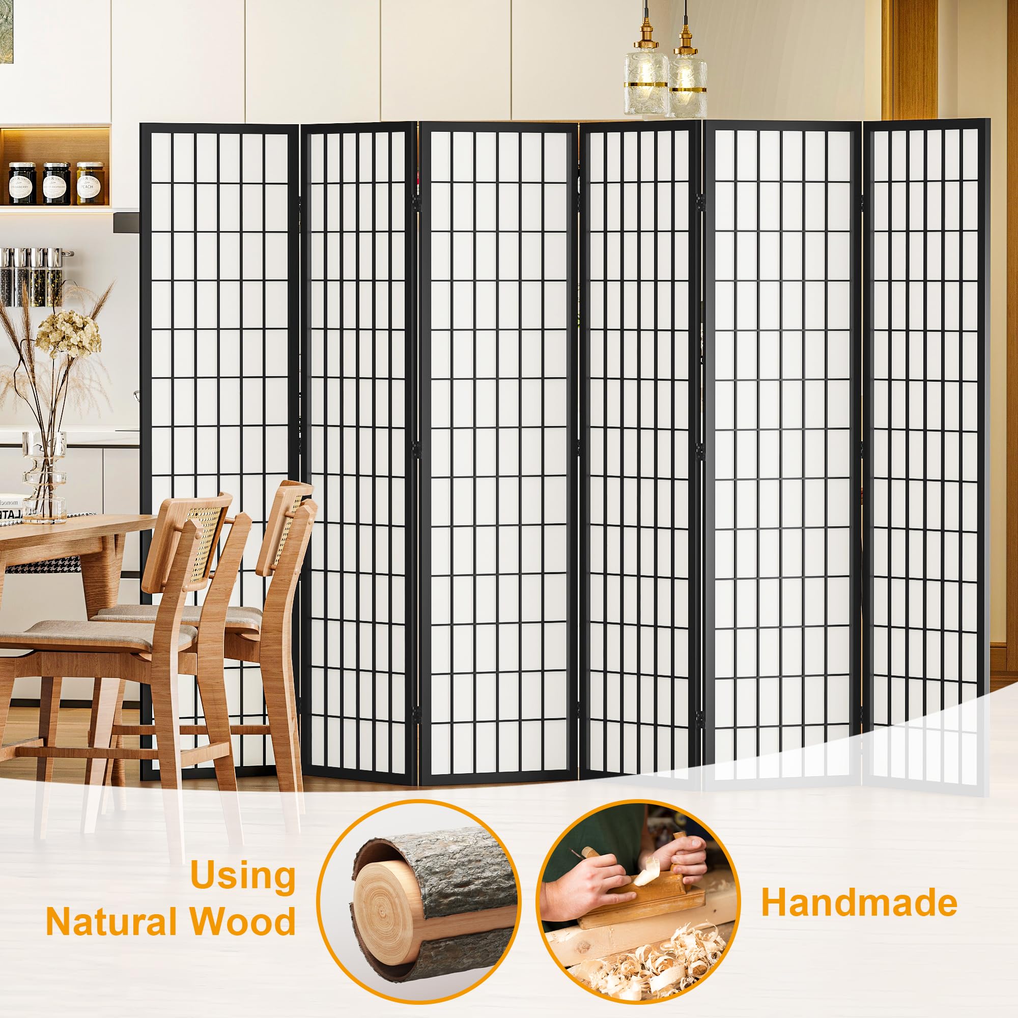 6 Panel Shoji Screen - Japanese Style Room Divider & Folding Privacy Screen - 66.9 Inch Black Assembly-Free Partition for Living Room, Bedroom, Office - Perfect for Home Decor, Zen Spaces & Room Separation