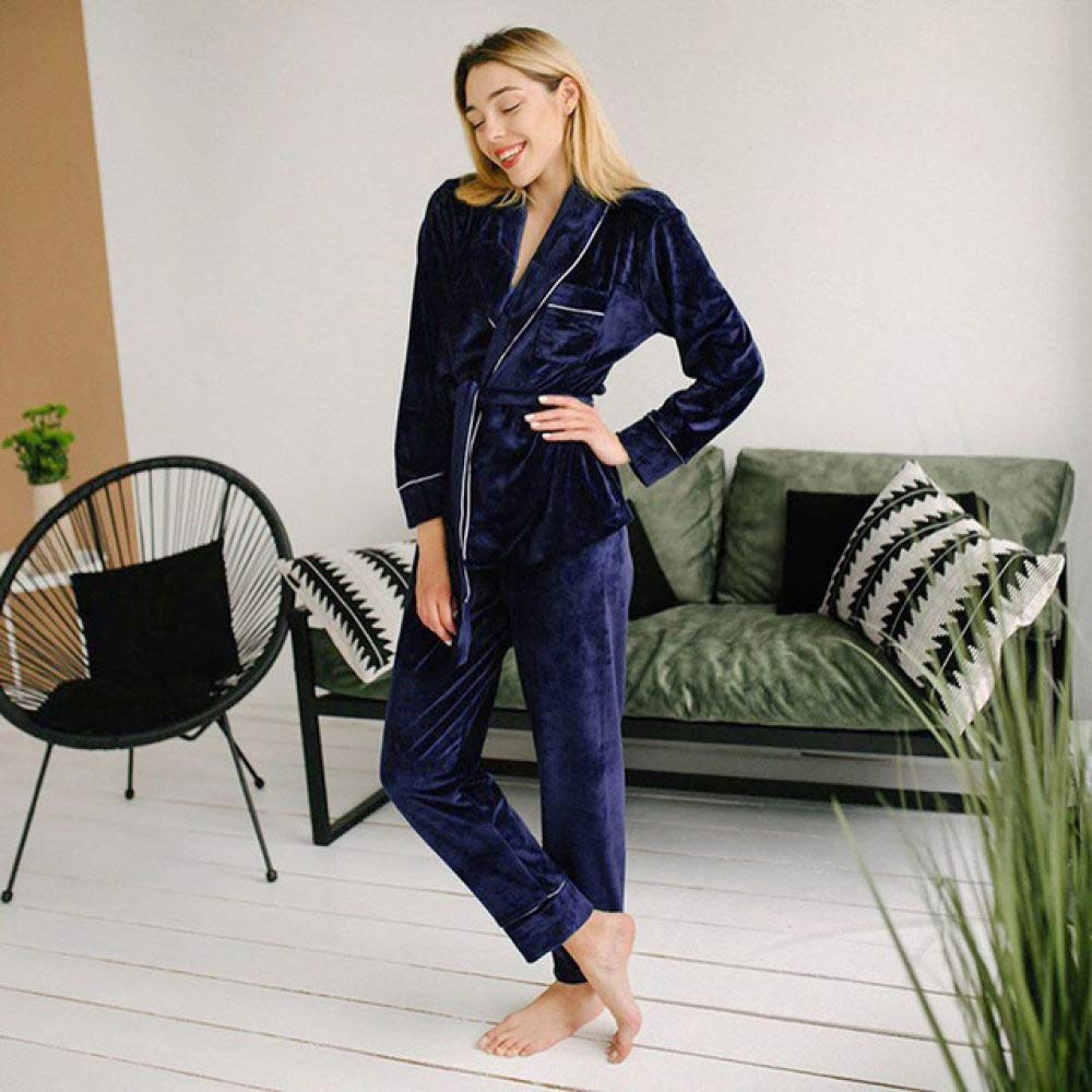 SDCVRE Women's Velvet Winter Pajama Set - Warm Long Sleeve Nightgown with Pants & Pockets | Soft Thermal Sleepwear for Cold Nights | Cozy Home Wear for Fall and Winter Seasons (Blue)