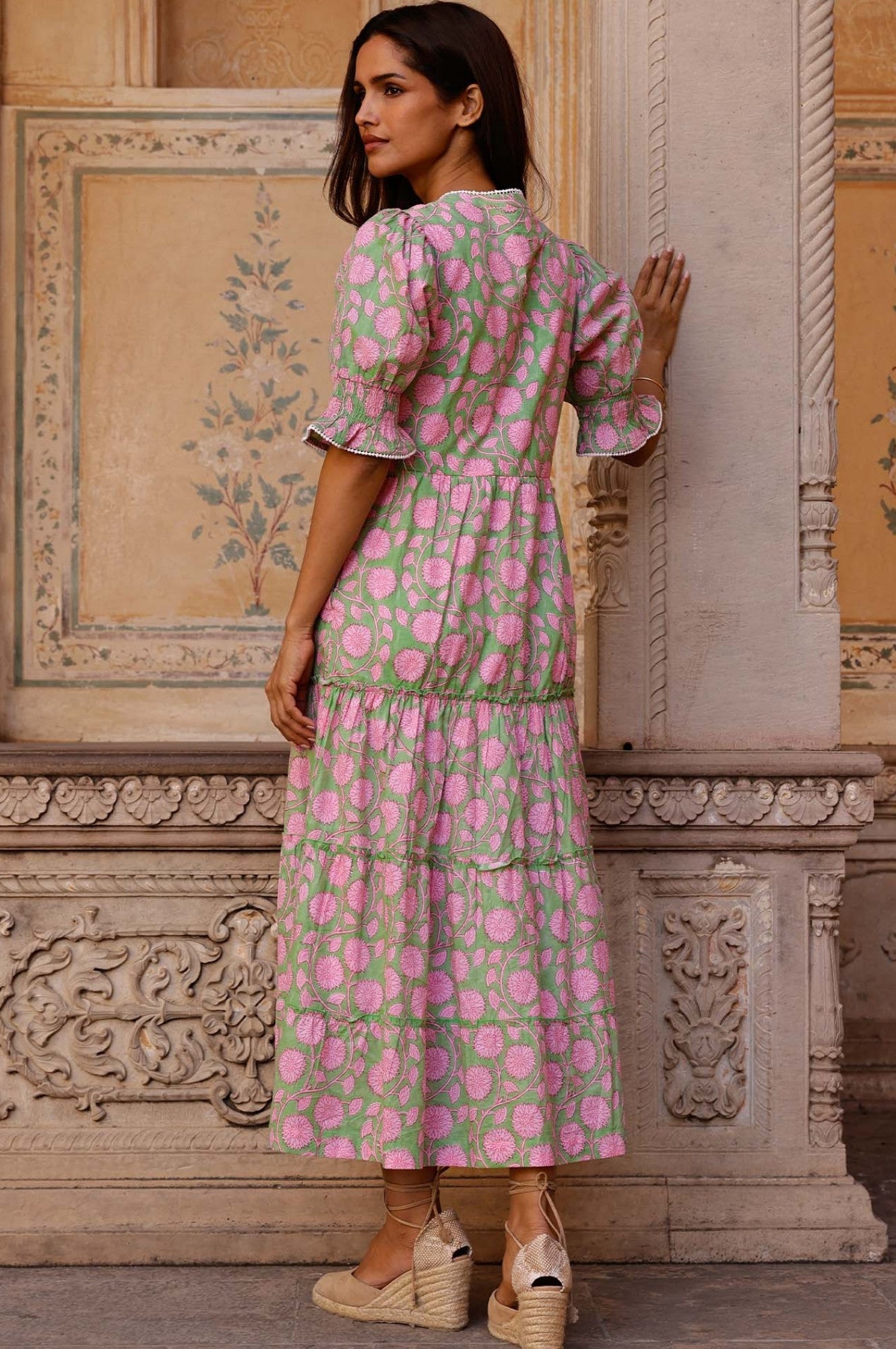 Organic Cotton Block Print Dress - Cordelia | Mara Green & Pink | Boho Chic Summer Dress for Beach, Vacation & Casual Wear