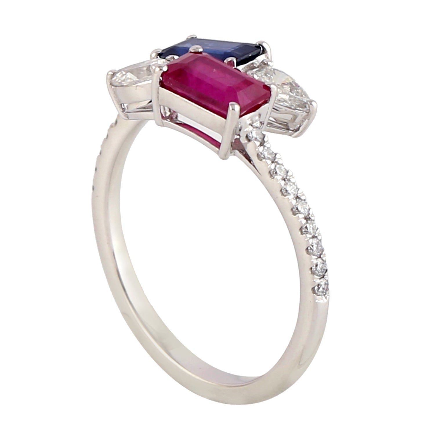 18K White Gold Baguette Ruby & Blue Sapphire Rose Cut Diamond Bypass Ring - Elegant Vintage Jewelry for Weddings, Anniversaries & Special Occasions