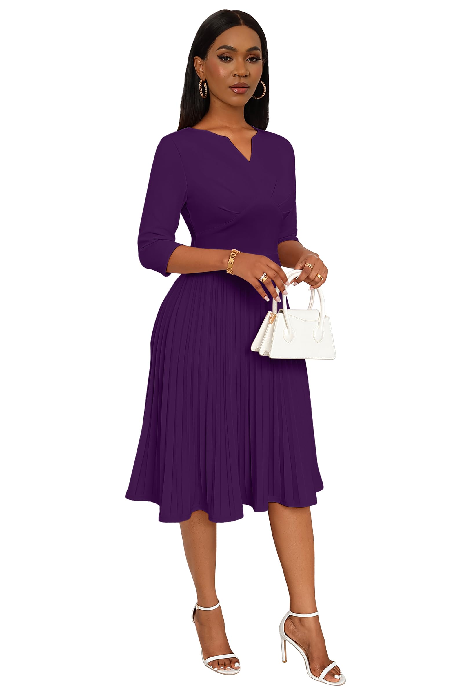 CLOCOR Women's Midi Dress - Casual Wrap Flare Pleated A-Line Dress with 3/4 Sleeves & V-Neck | Perfect for Church, Cocktail Parties, Weddings & Guest Occasions | Elegant Everyday Wear & Special Events