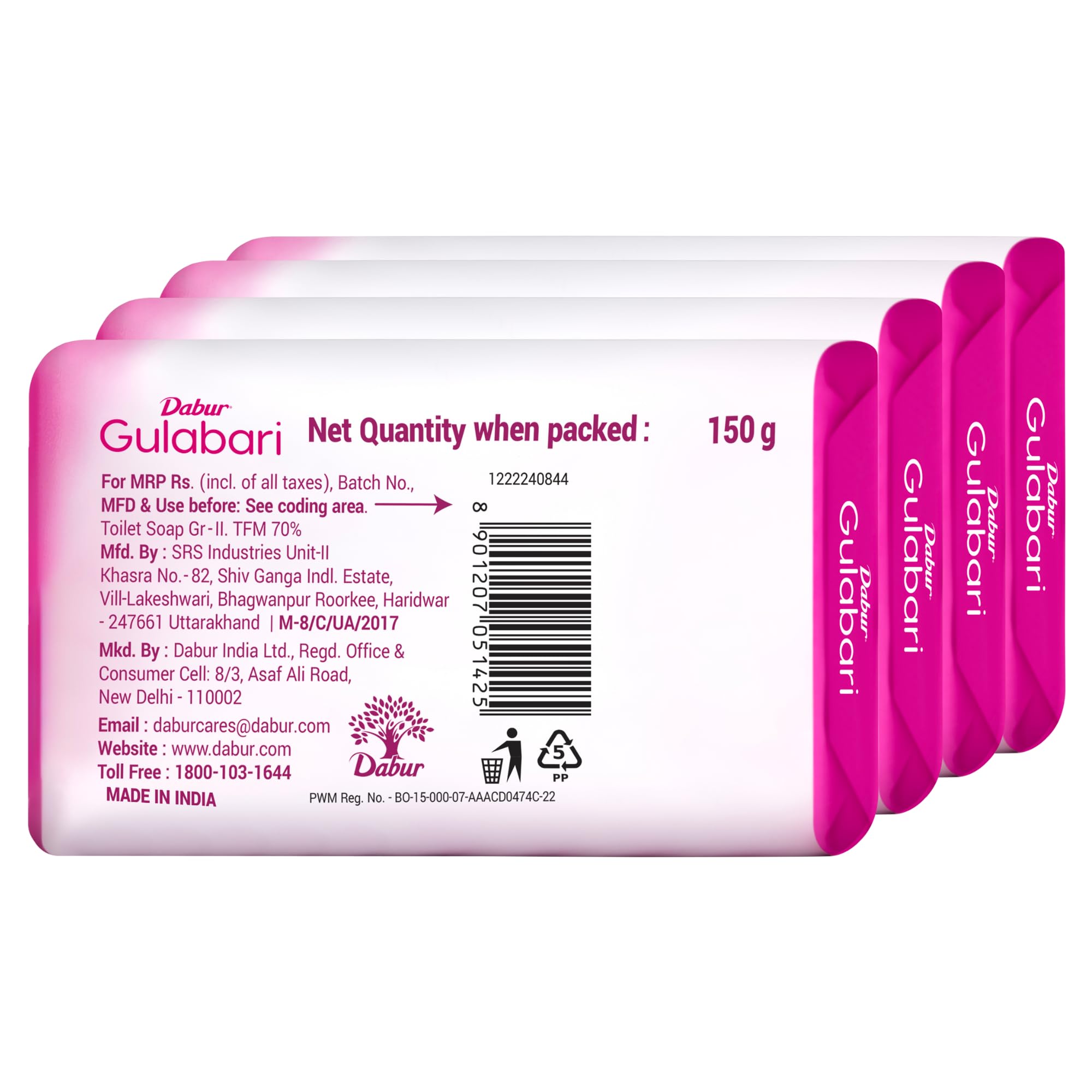 Dabur Gulabari Pure Rose Soap 150g (Pack of 4) - Moisturizing Bath Bar with Rose Extract, Glycerin & Niacinamide for Glowing Skin - Long Lasting Floral Fragrance - Unisex Body Wash Soap for Daily Shower & Spa Relaxation