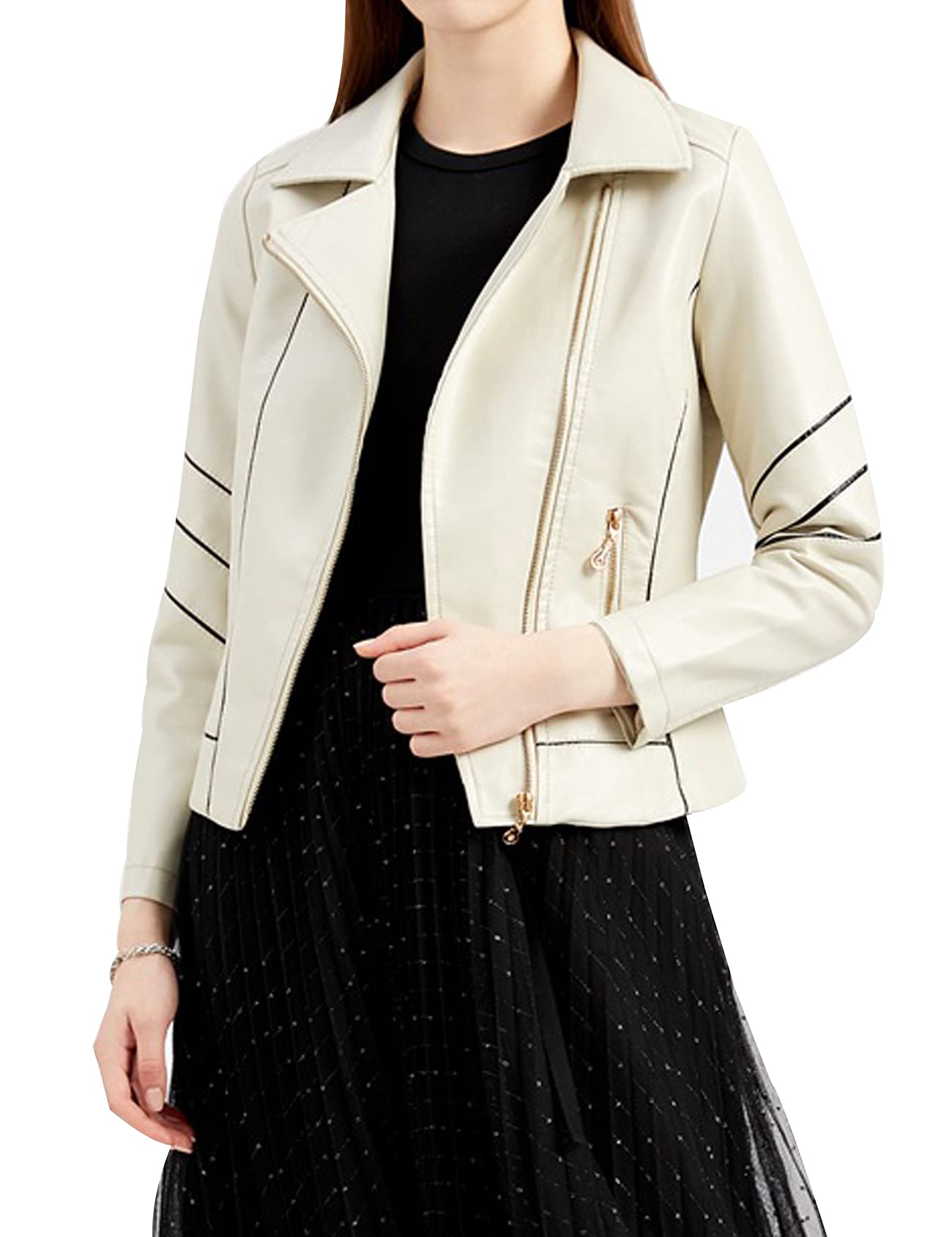 CXINS Women's Faux Leather Moto Biker Jacket - Long Sleeve Zippered Short Coat for Riding, Motorcycle, Fashion Outfits & Casual Wear