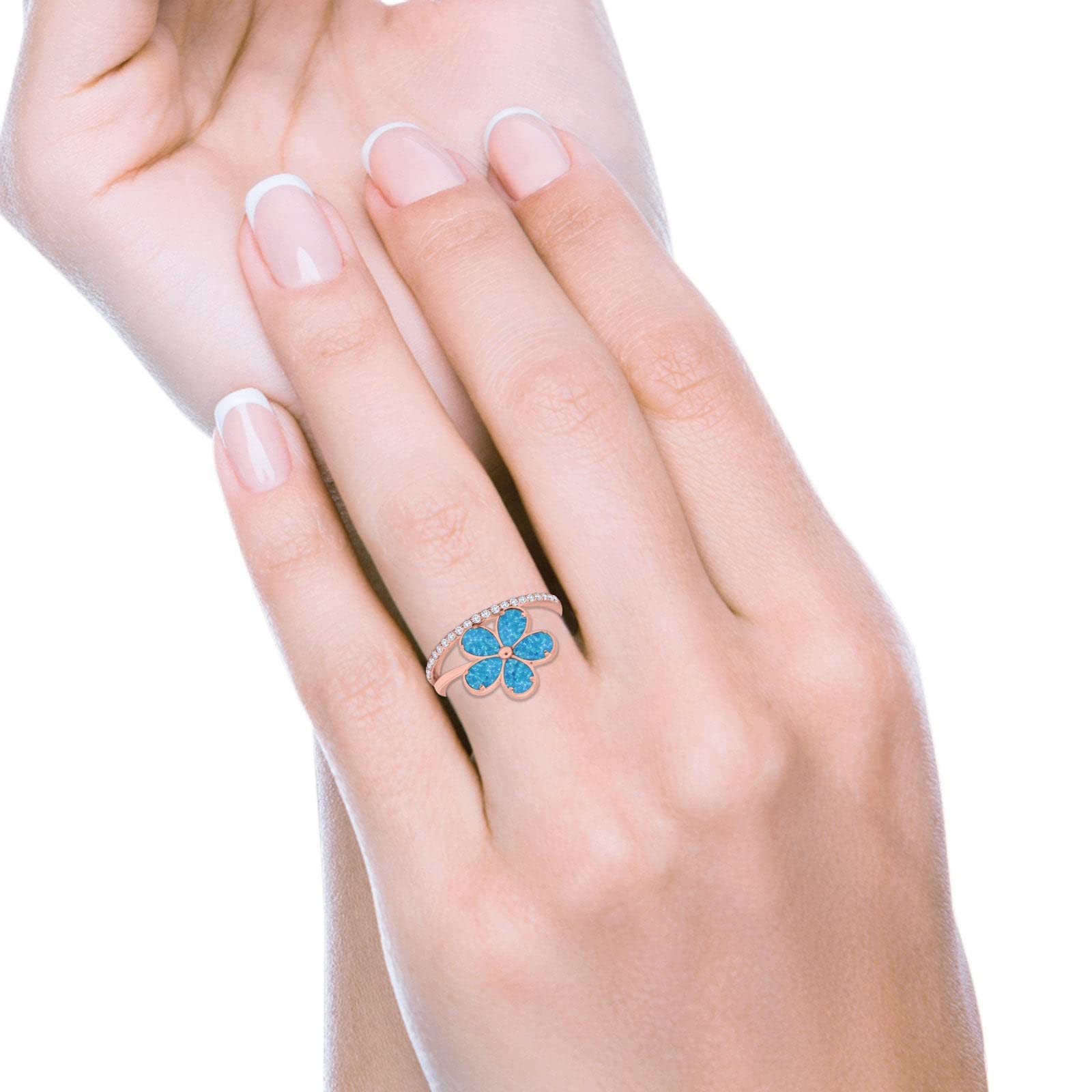 Blue Apple Co. 925 Sterling Silver Plumeria Flower Ring with Teardrop Simulated Opal & Round Cubic Zirconia - Elegant Hawaiian Style Jewelry for Women, Perfect for Beach Weddings, Vacations & Summer Fashion