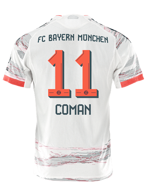 adidas Coman Authentic Away Jersey 25/26 with Sponsor & Meister Bundesliga Patch - White/Red Soccer Shirt for Fans & Players - Perfect for Matchdays, Training & Football Gifts