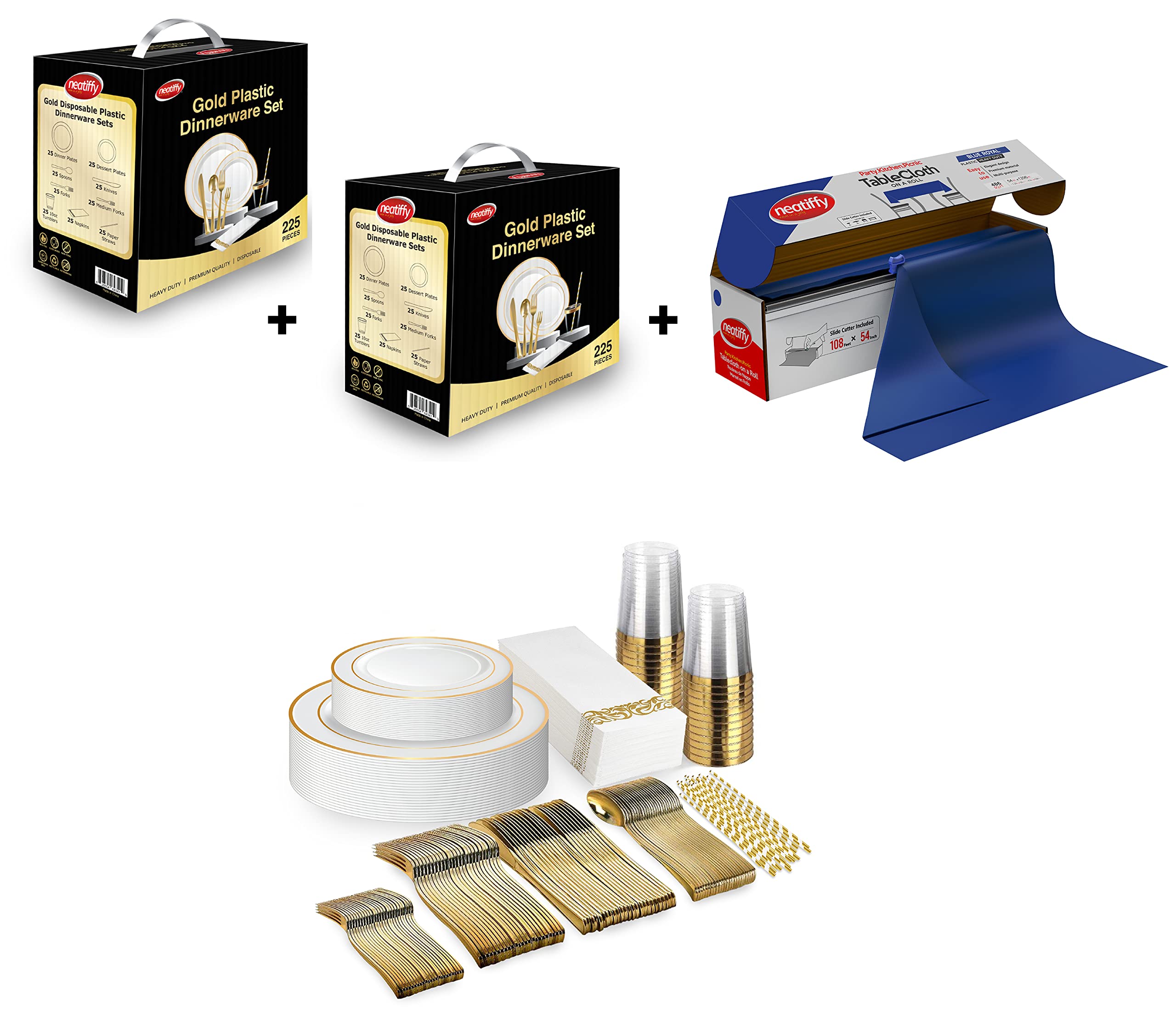 225-Piece Gold Rim Disposable Plastic Dinnerware Set (2 Sets) + 54