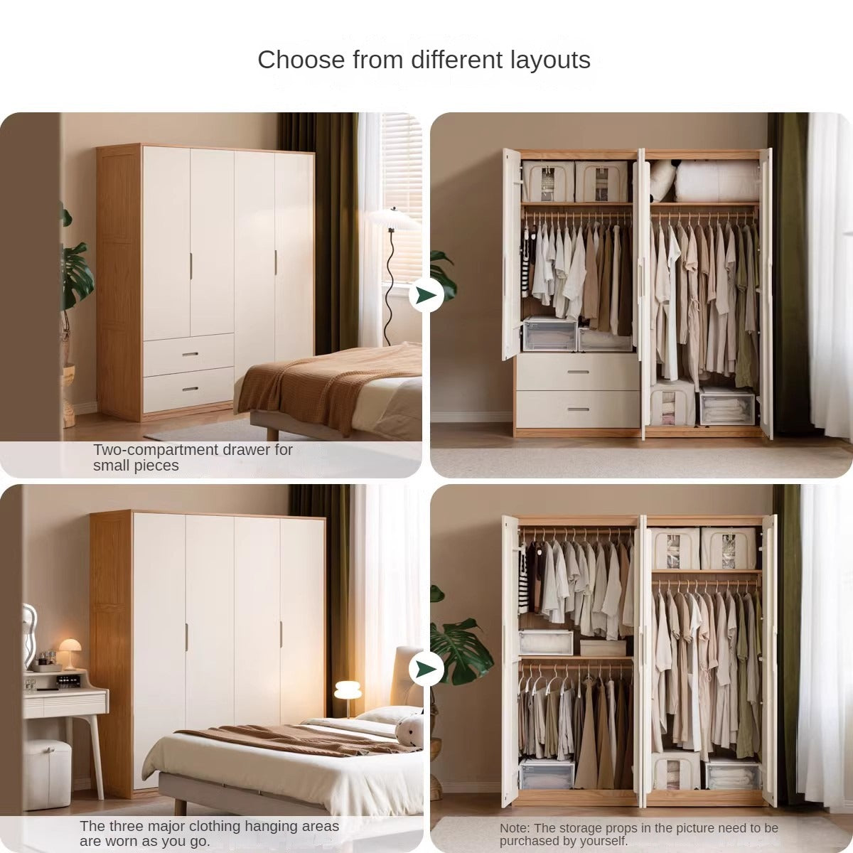 Solid Oak Wood Wardrobe & Floor Cabinet Set - Durable Storage for Bedroom, Closet, and Living Room Organization