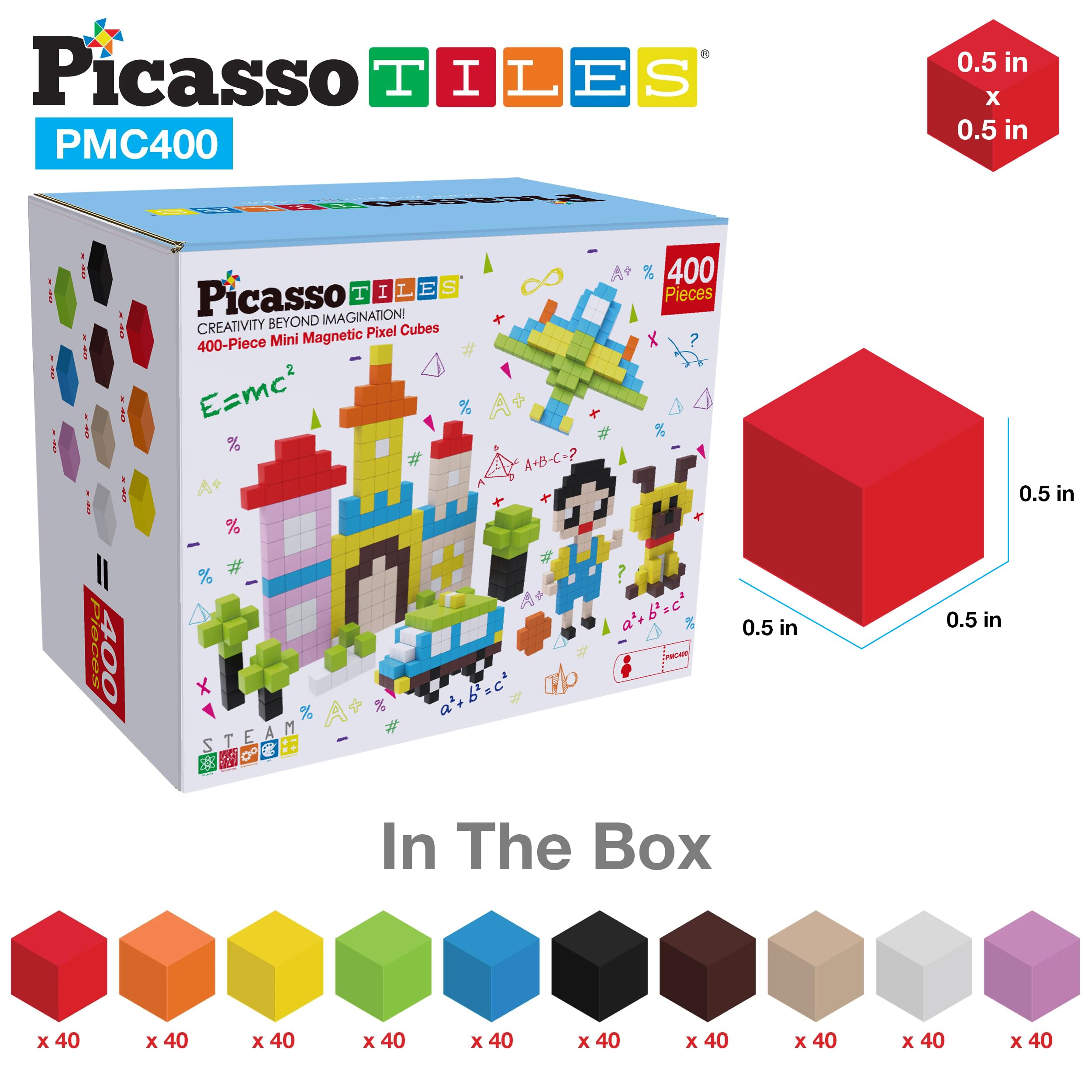Picasso Cubes 0.5” Magnetic Building Blocks - 400 Piece STEM Educational Toy Set for Kids, Mix & Match Puzzle Cubes with Sensory Play, Creative Stacking Construction Kit (PMC400) - Perfect for Classroom Learning, Birthday Gifts & Family Bonding Activities