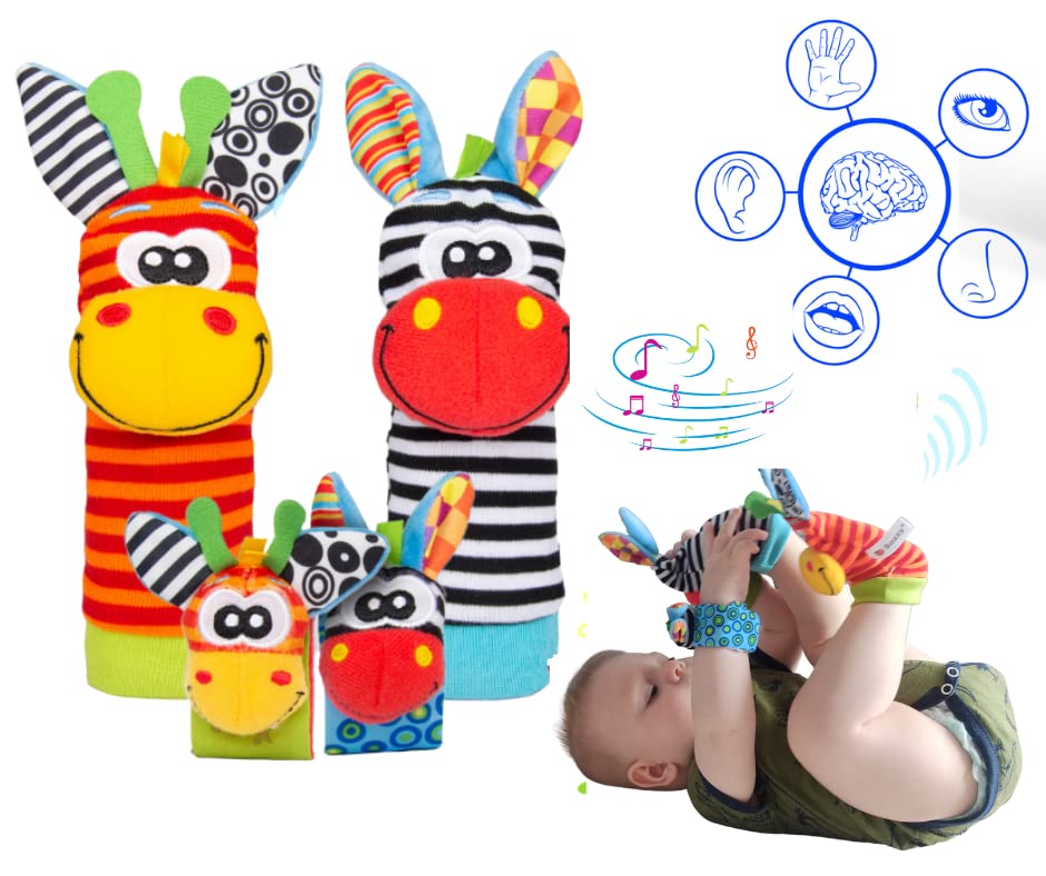 Funky Planet Sozzy Socks Baby Sensory Toys - 4pcs Soft Foot Rattles for Newborns & Infants | Developmental Hand-Foot Toys for Early Learning & Motor Skills | Perfect for Playtime, Tummy Time & Sensory Stimulation
