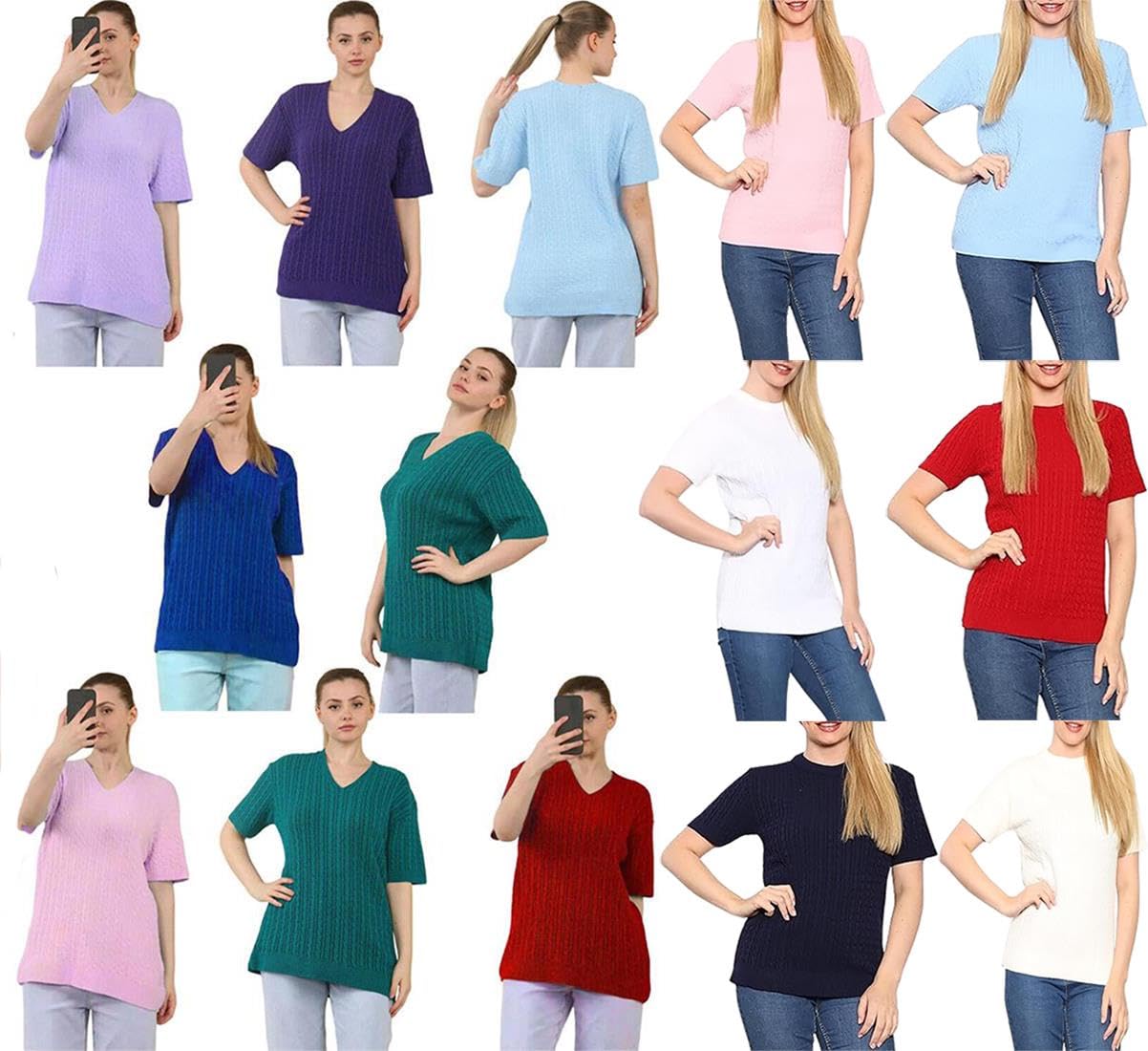 Stylish Women's Short Sleeve V-Neck Cable Knit Sweater - All Over Knit Pullover Top for Casual Winter Wear (UK 8-22/Plus Size) | Perfect for Office, Date Night & Cozy Weekends