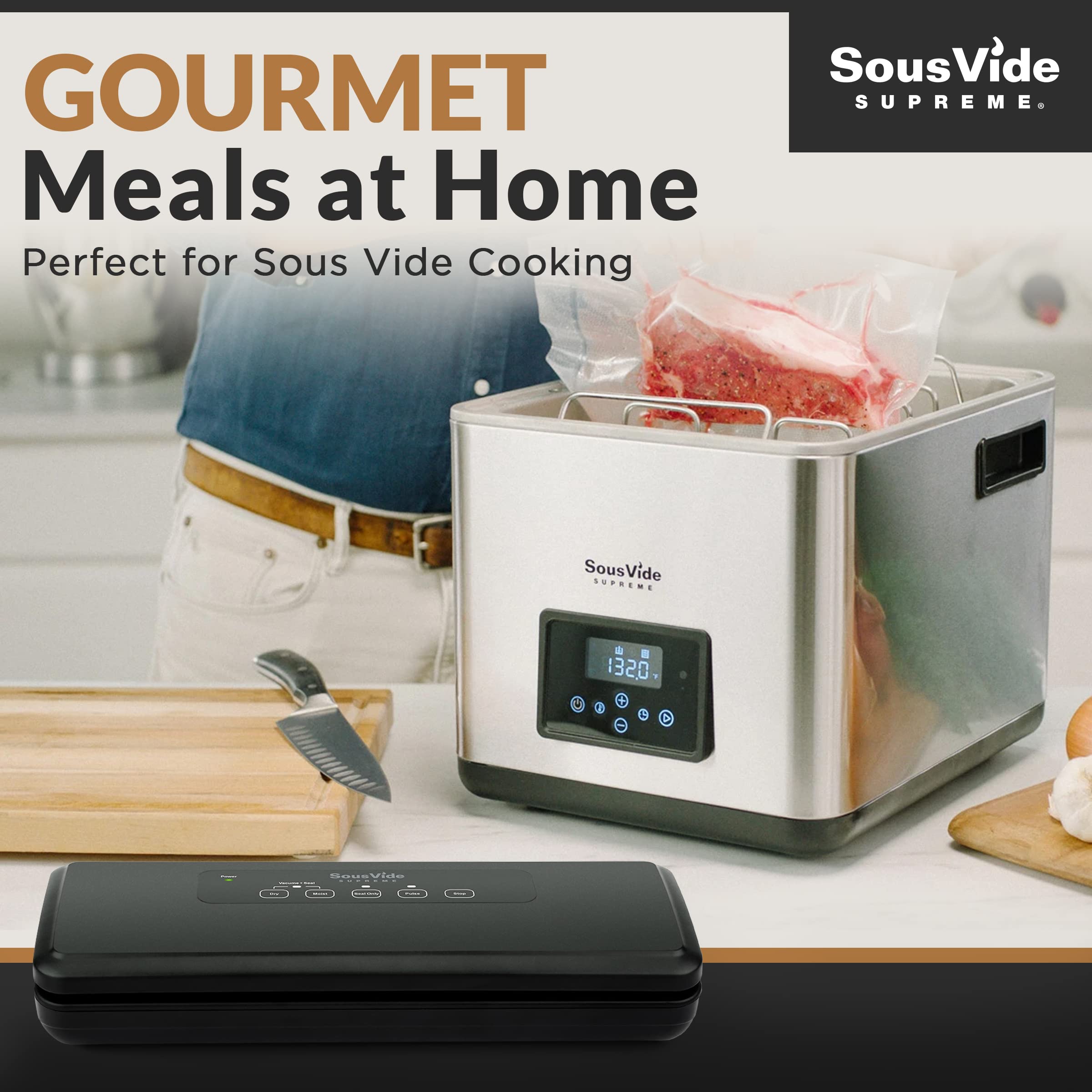Sous Vide Supreme VS007 Vacuum Sealer Machine - Professional Food Preserver for Dry & Moist Foods - Seal Only Function & Custom Bag Sizing - Perfect for Sous Vide Cooking, Meal Prep & Food Storage (Bags Not Included) - Ideal for Home Kitchens, Restaurants & Camping Trips