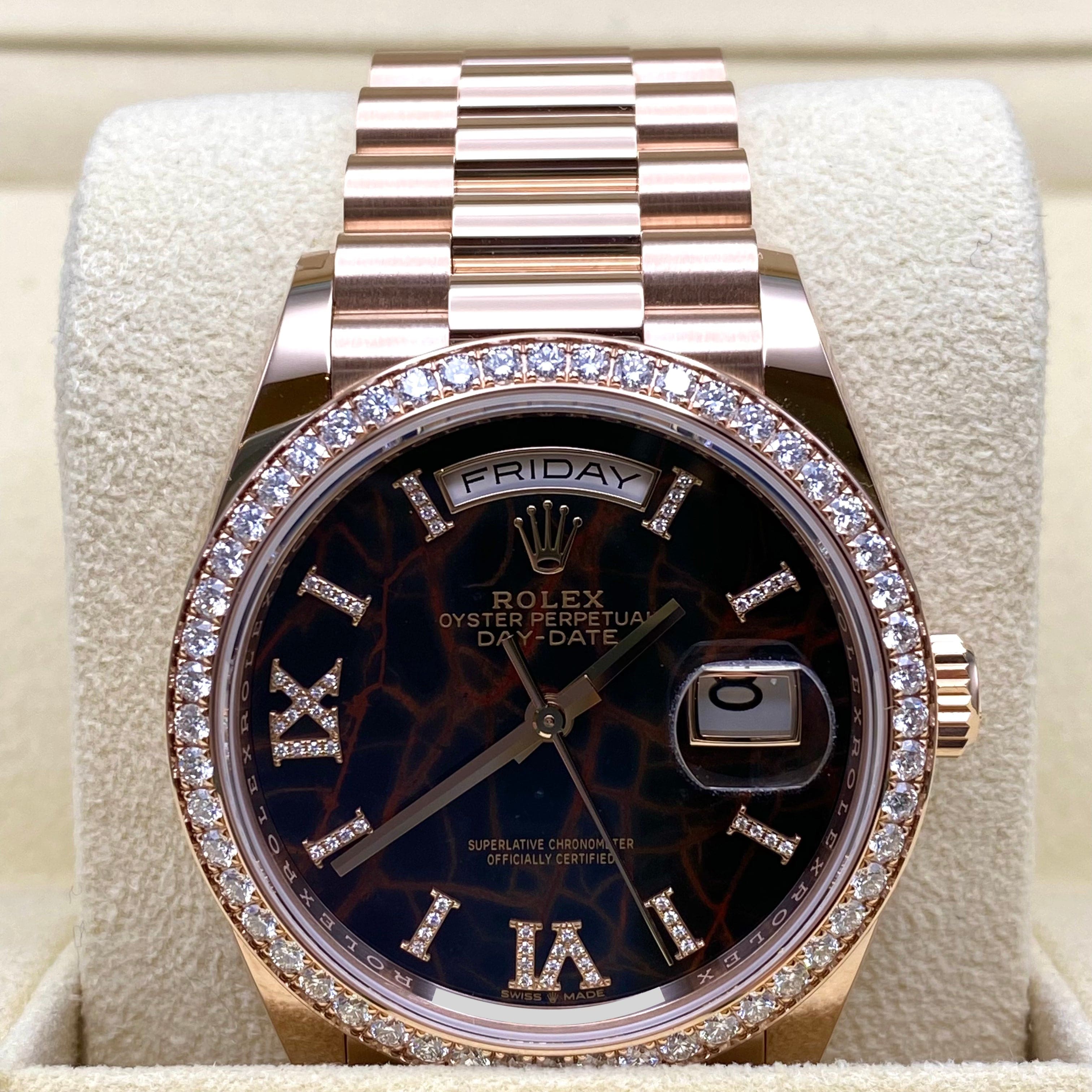 Rolex Day Date 36 128345RBR 18K Rose Gold Watch with Diamond Dial & Eisenkiesel Stone - Luxury Men's Watch for Business, Gala & Special Occasions
