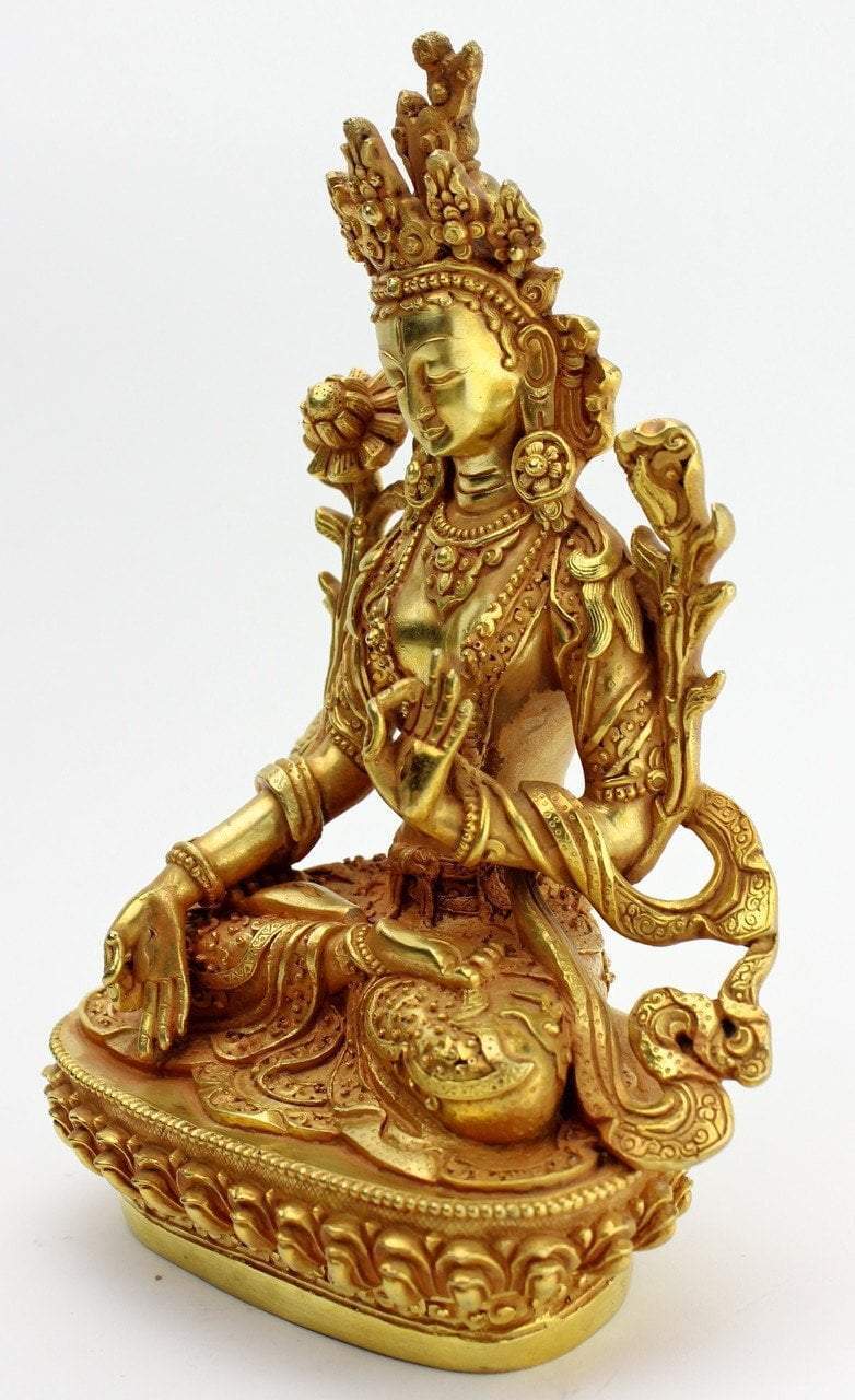 8 Inch Gold Plated White Tara Statue - Buddhist Goddess of Compassion - Home Altar Decor, Meditation Room, Yoga Studio, Spiritual Gift