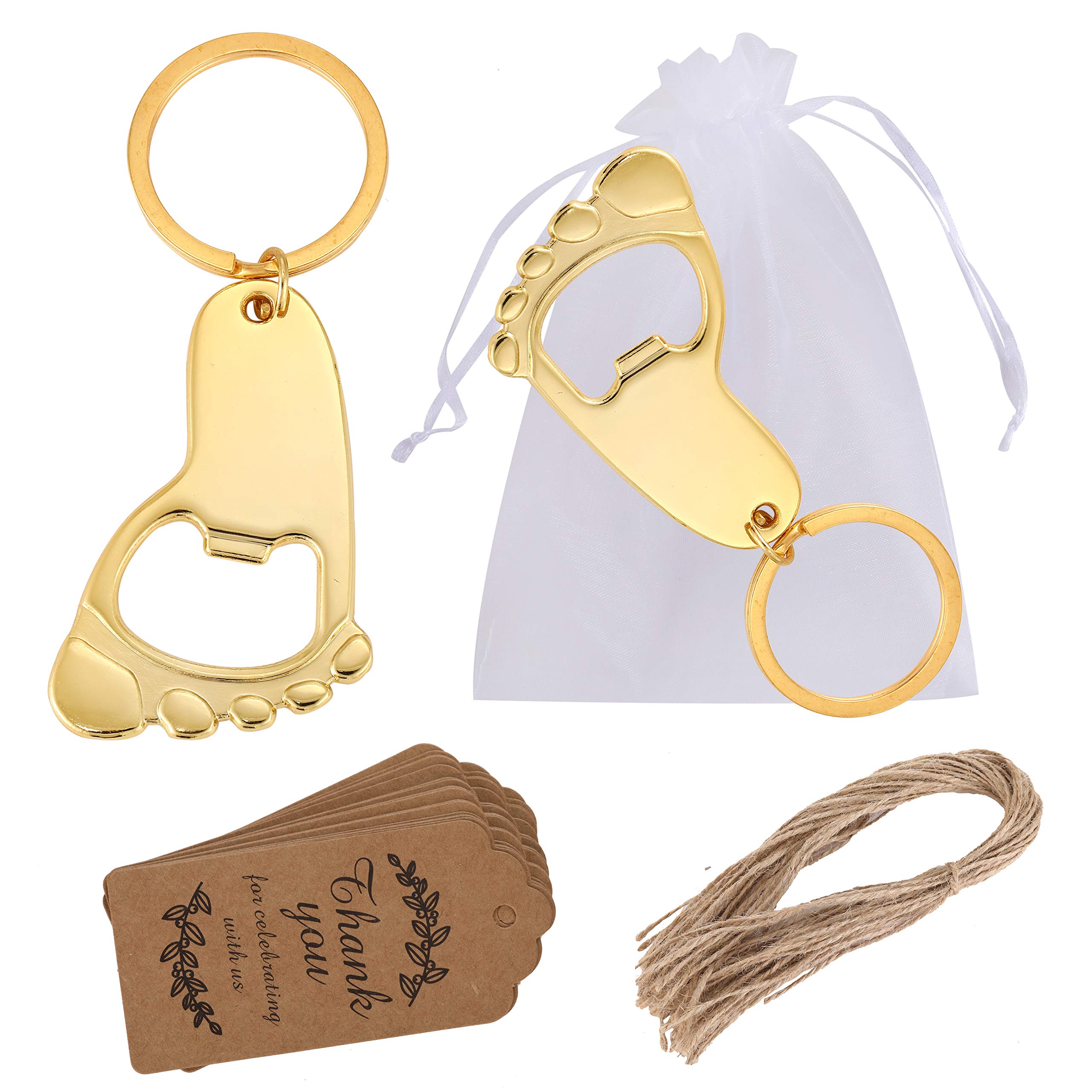 48 Pcs Baby Footprint Keychain Bottle Opener - Cute Baby Shower Favors for Guests, Wedding Party Souvenirs with Organza Bags & Thank You Tags (Gold) - Perfect for Baby Showers, Bridal Showers, and Gender Reveal Parties