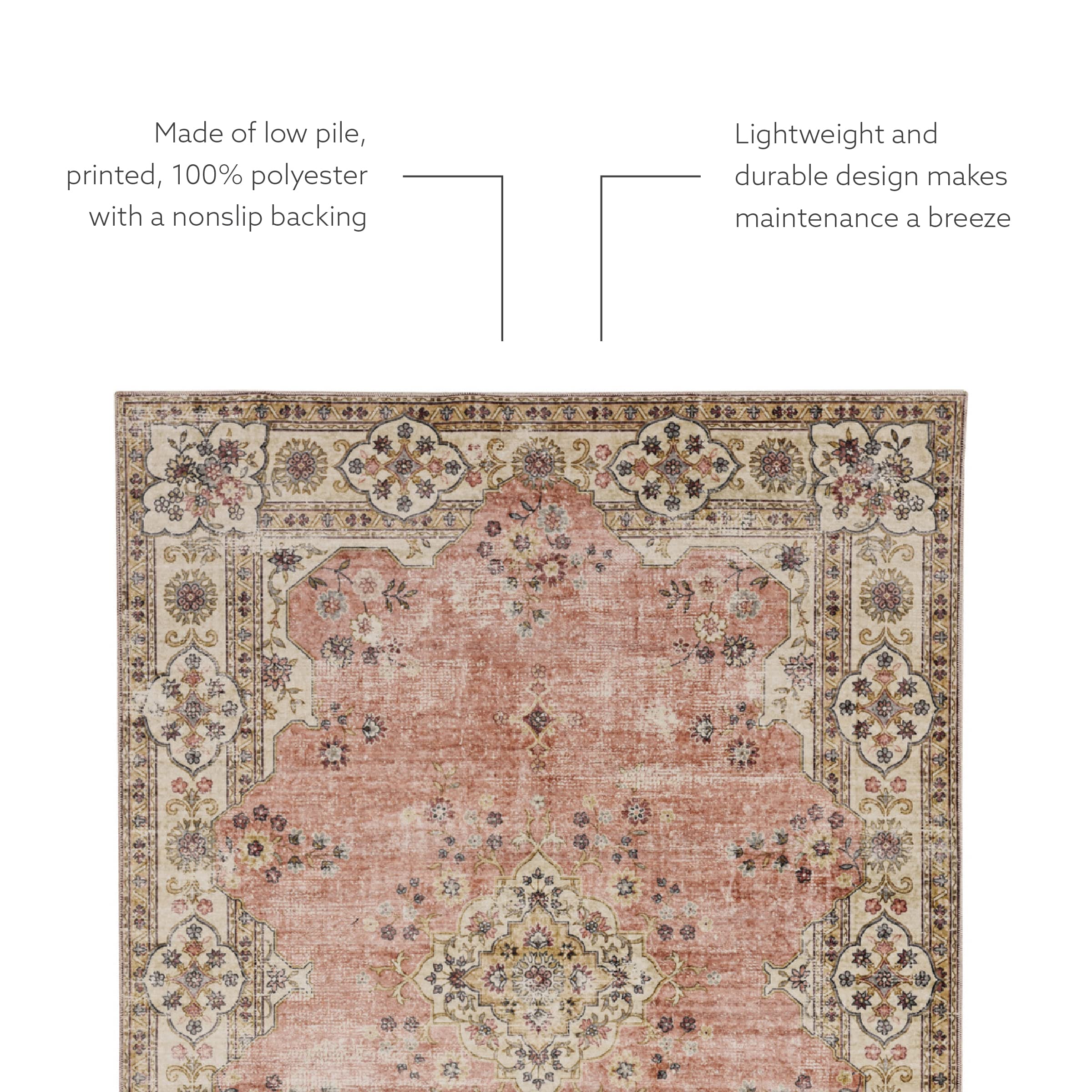 Linon The Anywhere Washable Rug - Colton Pink/Ivory 5' X 7' Area Rug - Soft Non-Slip Floor Mat for Living Room, Bedroom, Nursery & Dorm Decor