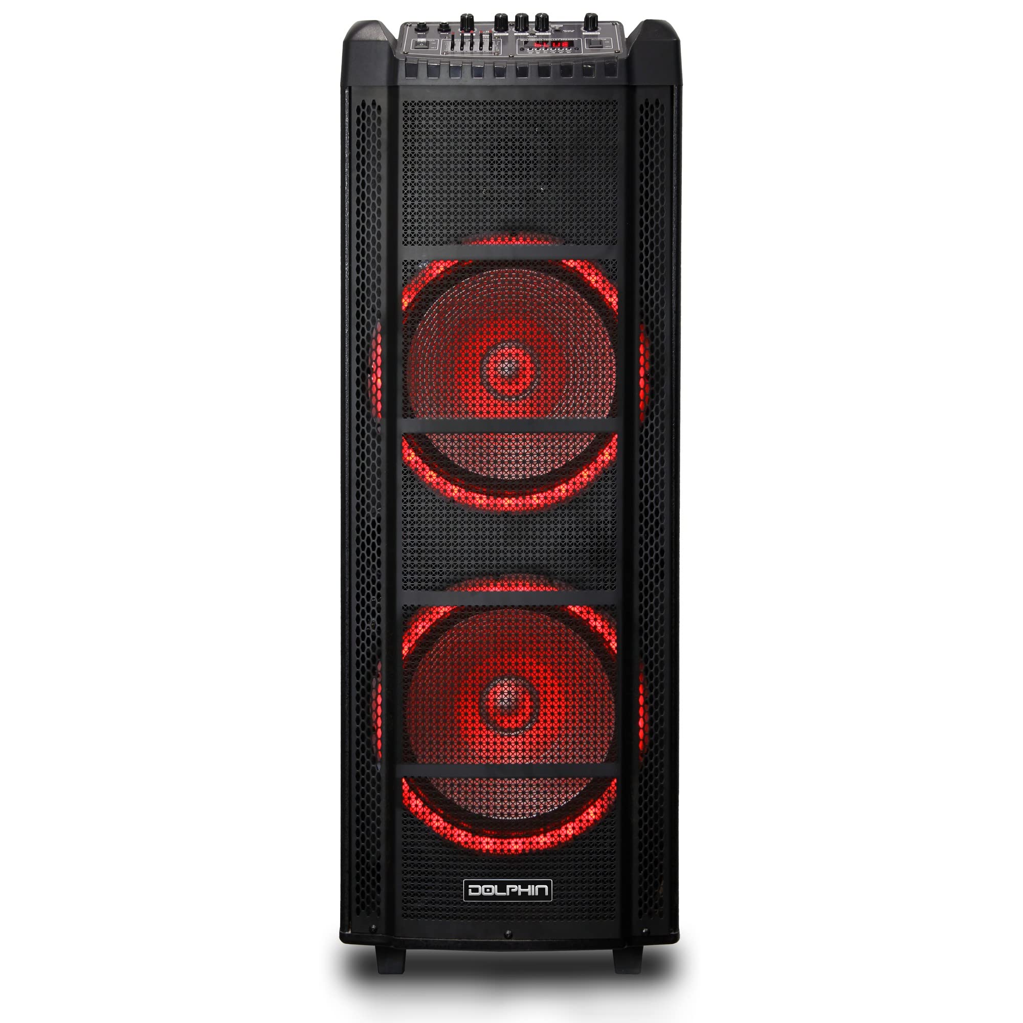 Dolphin SP-2130RBT Dual 12” Rechargeable Bluetooth Karaoke Speaker with 2 Wireless Mics & LED Lights - Portable PA System for Home Parties, Outdoor Singing & Events