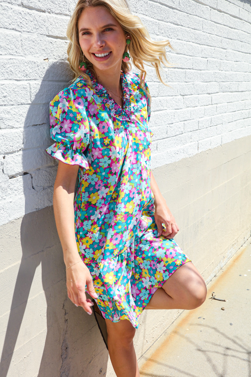 Elegant Blue Smocked Notch Neck Babydoll Floral Print Dress - Perfect for Summer Parties, Weddings & Date Nights