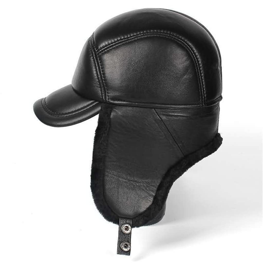 Men's Genuine Leather Sheepskin Bomber Hat with Earflaps - Black Winter Ski Hat for Men - Windproof & Warm Russian Style Hat (Size L 55-56cm) - Perfect for Skiing, Snowboarding & Cold Weather Outdoor Activities
