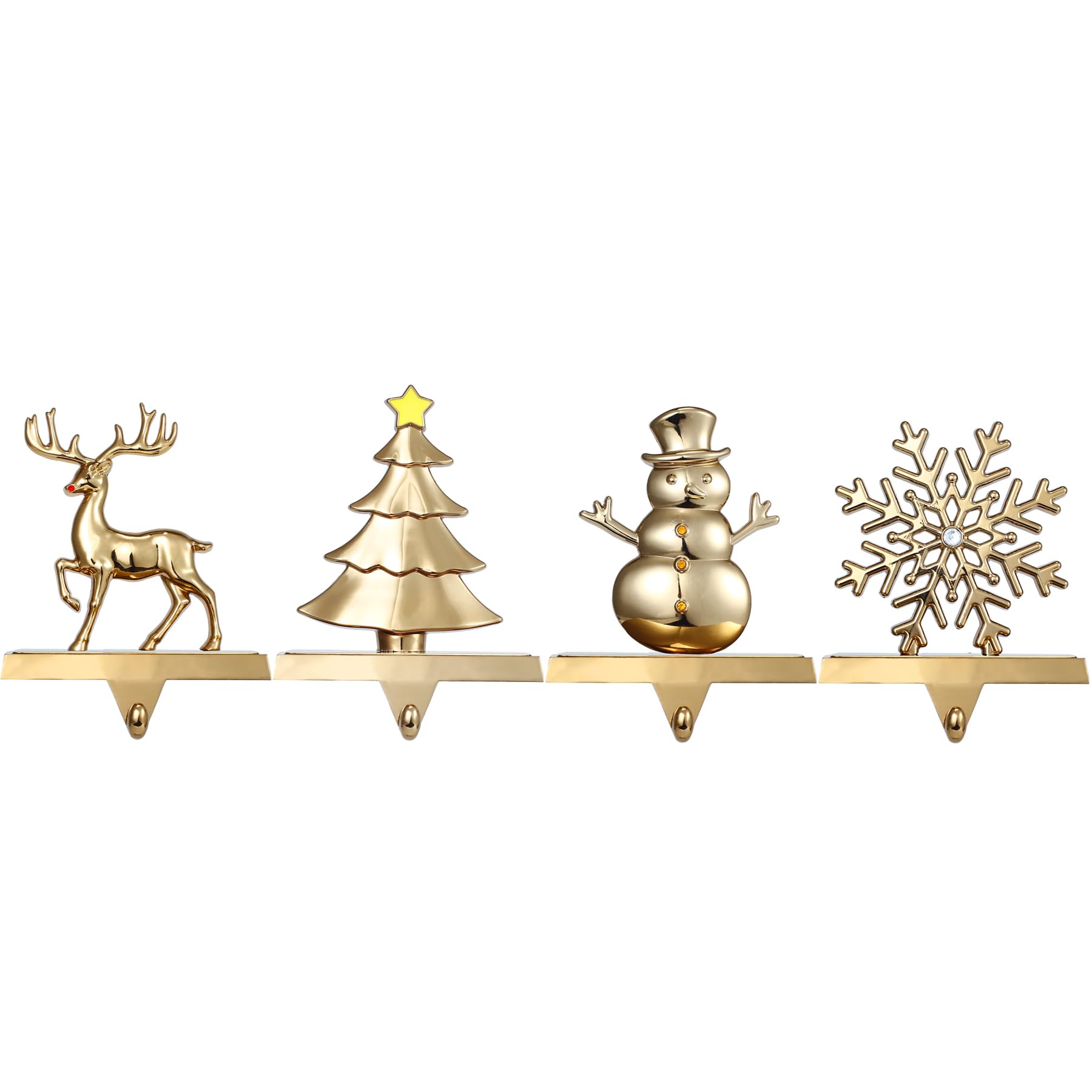 4-Pack Antique Gold Christmas Stocking Holders for Fireplace Mantel - Snowflake, Snowman, Reindeer & Tree Design - Durable Metal Hooks for Holiday Decor - Perfect for Christmas Home Decor & Gift Hanging