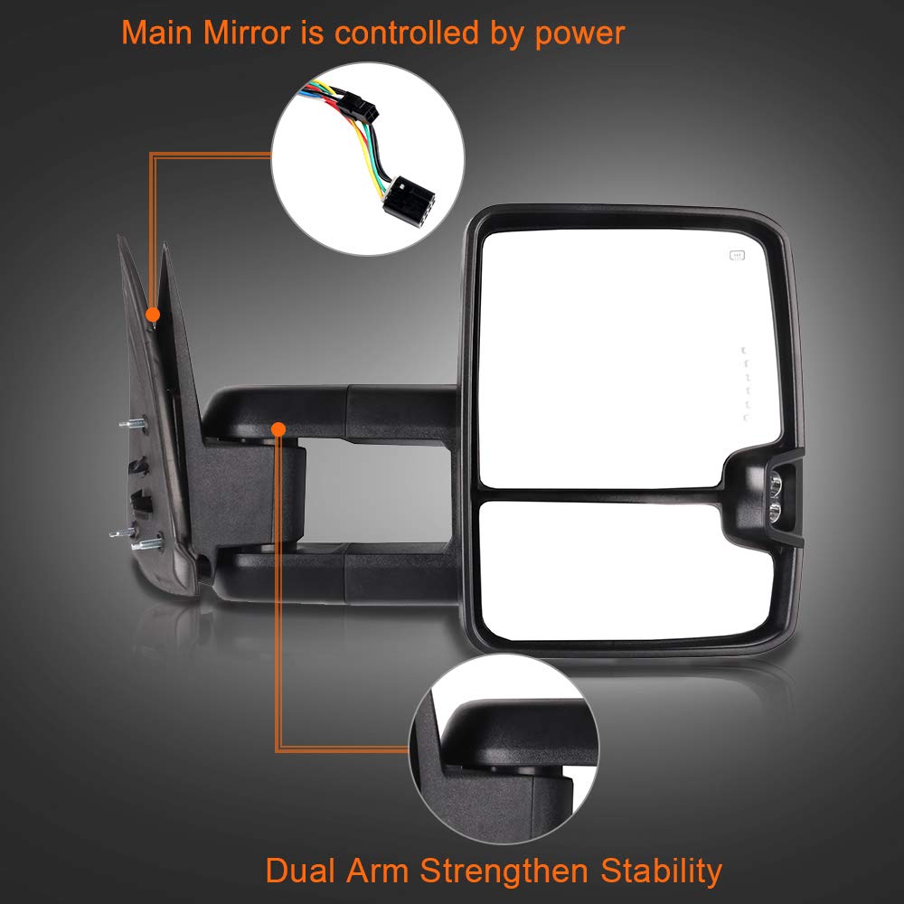 ROADFAR Power Heated Towing Mirrors for 1999-2002 Chevy Silverado & GMC Sierra Pickup Trucks - LED Turn Signal, Running Lights, Black Housing (Left & Right Side) - Perfect for Towing, Camping & Off-Road Adventures