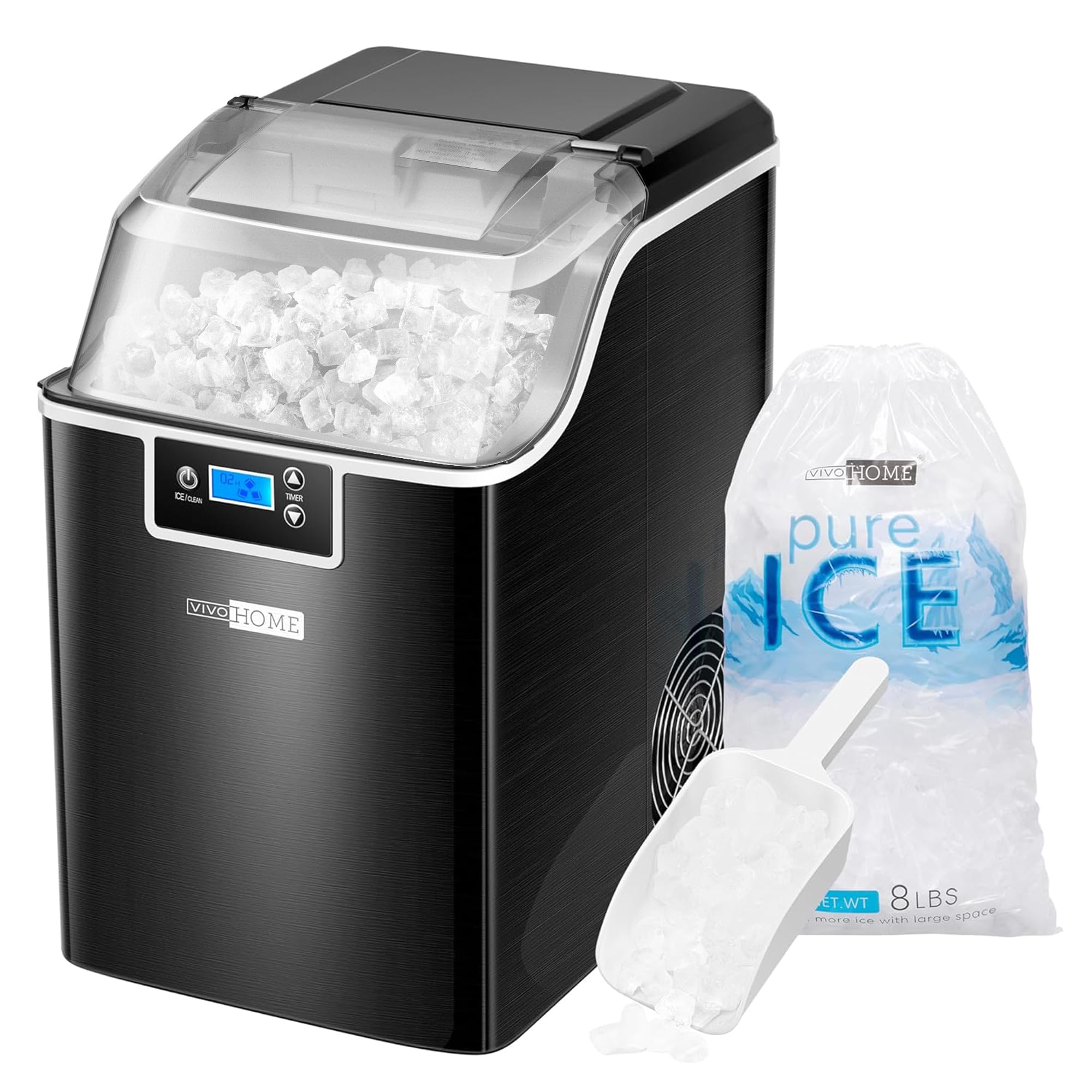 VIVOHOME Countertop Nugget Ice Maker Machine - 44lbs/Day Portable Pebble Ice Maker with Self-Cleaning, Soft Chewable Pellet Ice, Includes Scoop & 10 Ice Bags - Perfect for Home Kitchen, Office, RV, Camping, Parties & Outdoor Adventures