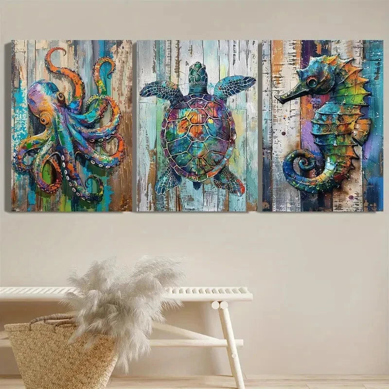 3-Piece Marine Life Metal Wall Art - Octopus, Seahorse & Turtle Prints - Ready to Hang Ocean Themed Decor for Living Room, Bedroom or Office