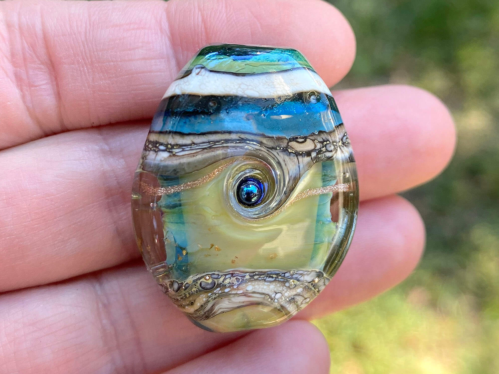 Blue Green Organic Lampwork Focal Bead SRA - Handmade Glass Bead for Jewelry Making, DIY Crafts, Necklaces & Bracelets - Perfect for Boho, Hippie & Artisan Jewelry Designs