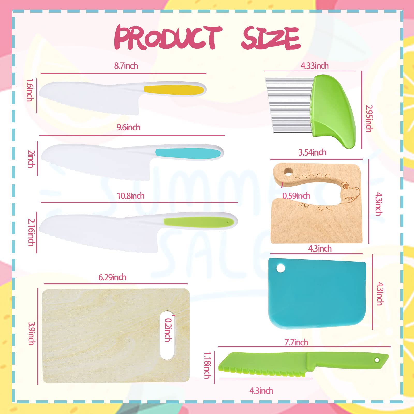 KOLODOGO 10-Piece Wooden Kids Kitchen Knife Set - Safe Plastic Slicers, Cooking Knives & Cake Scraper with Adorable Rectangle Cutting Board | Perfect for Toddler Cooking Pretend Play, Birthday Gifts & Montessori Learning Activities
