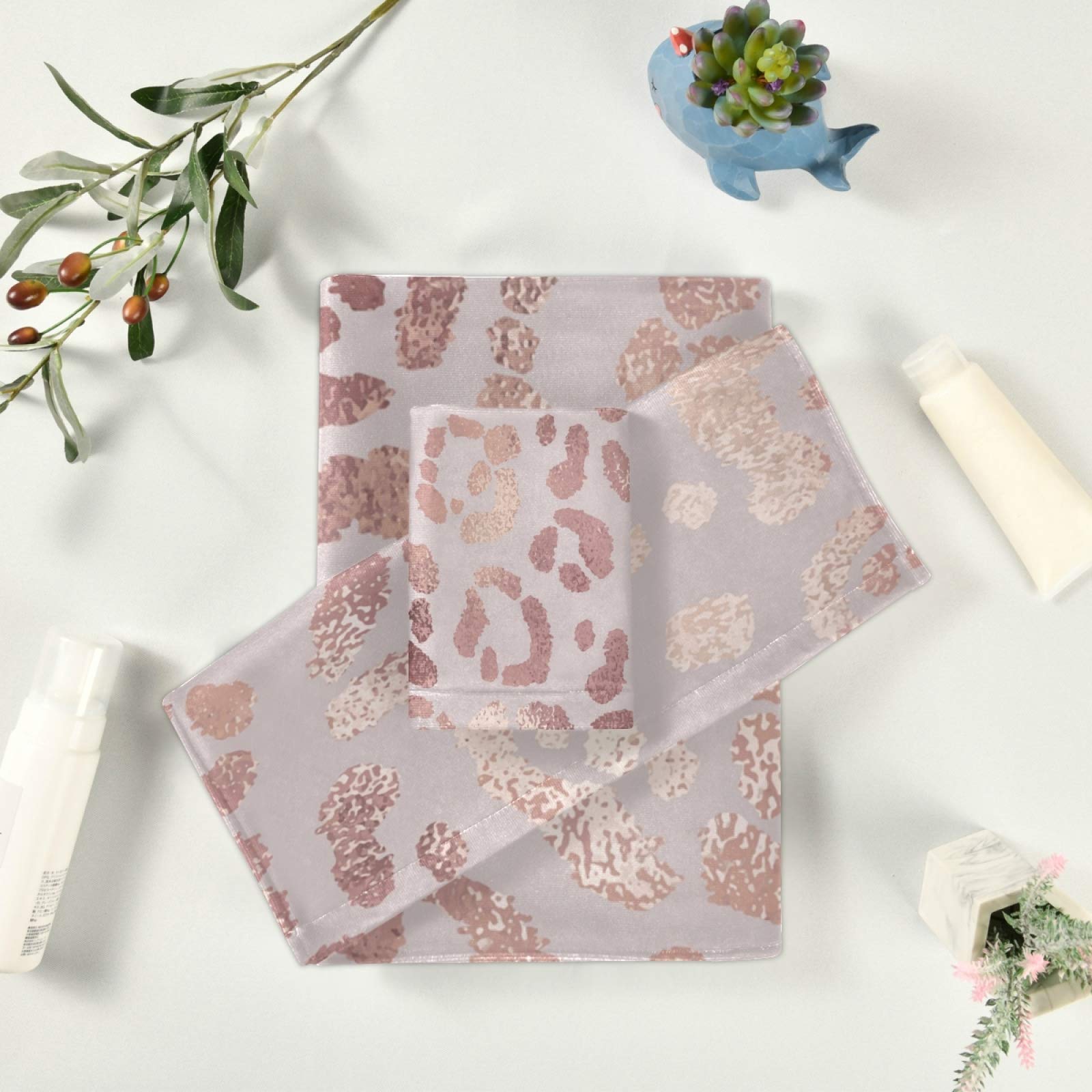 Premium 3-Piece Bath Towel Set - Ultra Soft & Highly Absorbent Bathroom Towels with Leopard Rose Gold Print (1 Bath Towel, 1 Hand Towel, 1 Washcloth) - Luxury Spa & Guest Bathroom Essentials