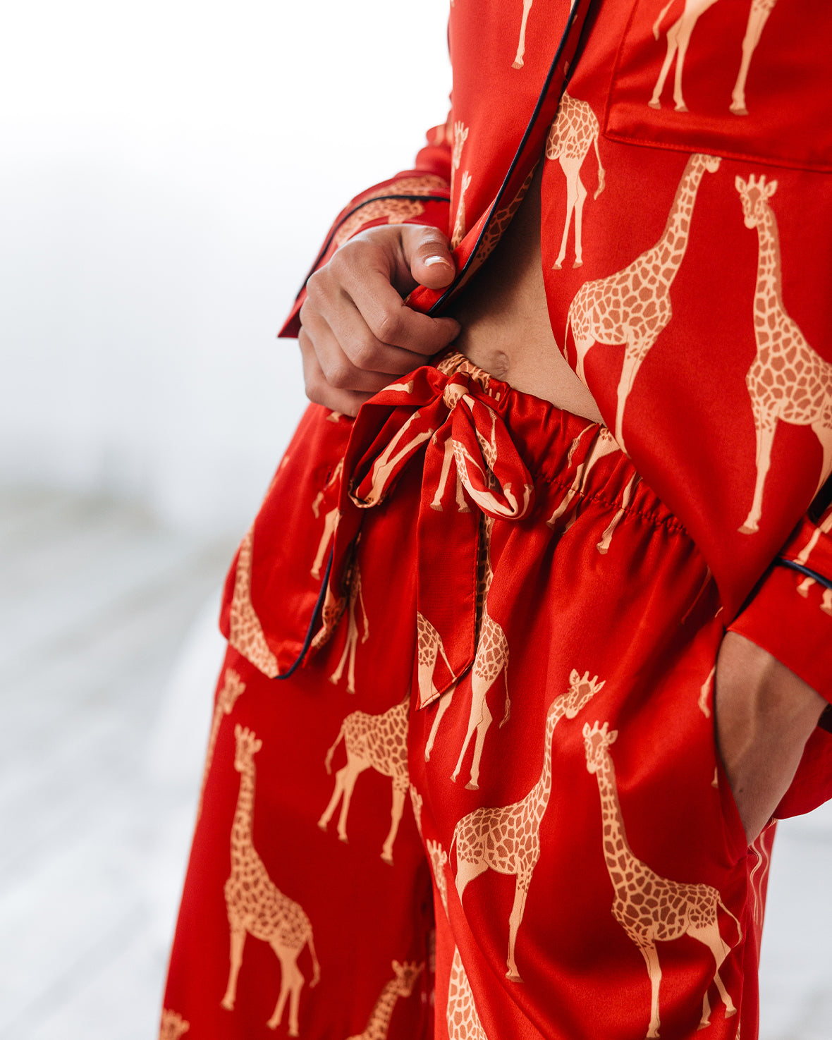 Elegant Red Satin Giraffe Print Long Pajama Set for Women - Soft & Comfortable Sleepwear for Lounge & Bedtime