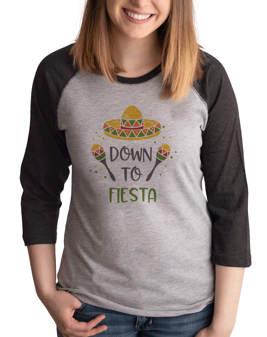 7 ate 9 Apparel Women's Down to Fiesta Raglan Grey T-Shirt | Casual Streetwear Tee for Festivals, Parties & Everyday Wear