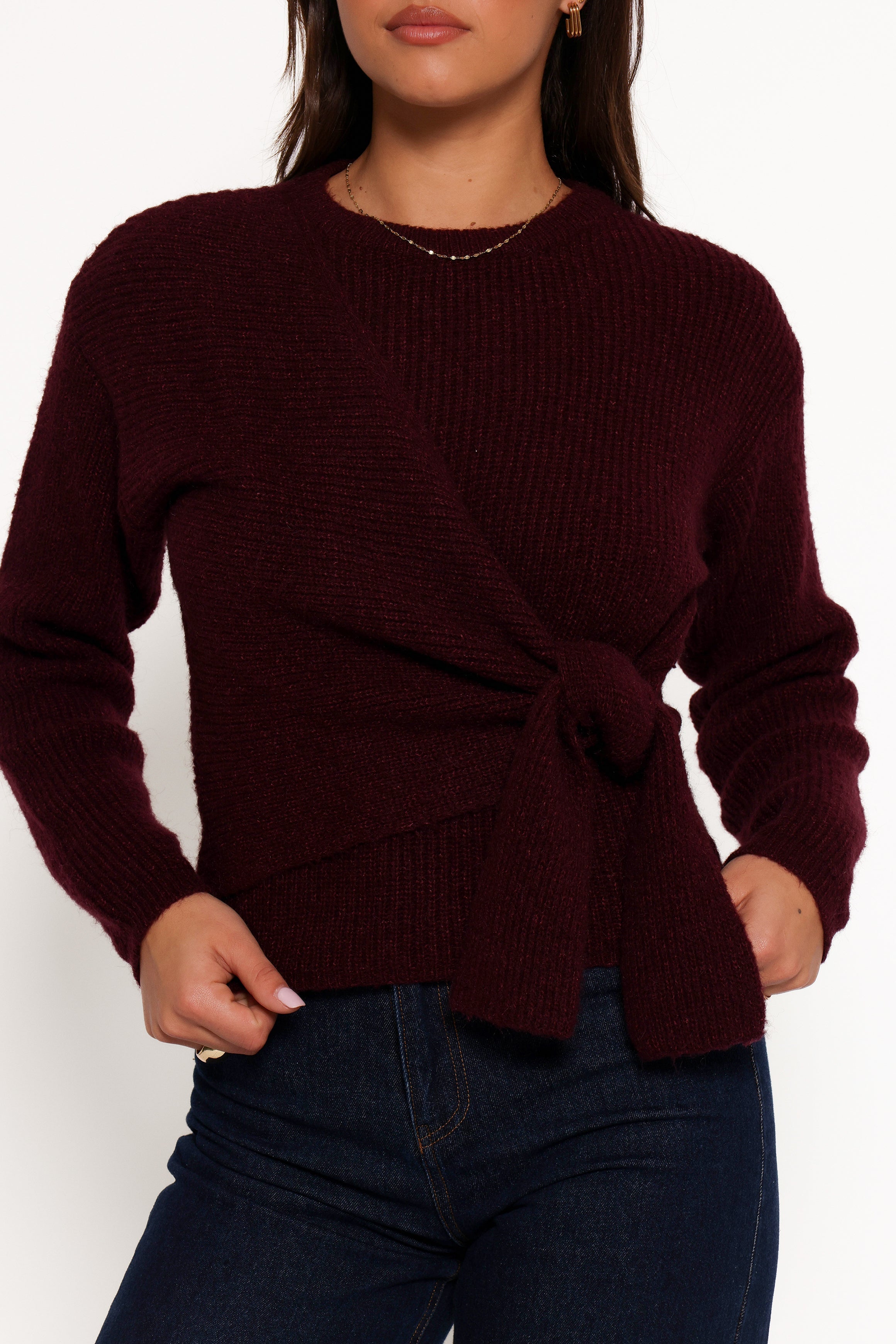 Ettie Wrap Side Tie Knit Sweater - Burgundy Red Women's Pullover | Cozy Casual Wear for Fall & Winter | Perfect for Office, Date Night & Weekend Outfits