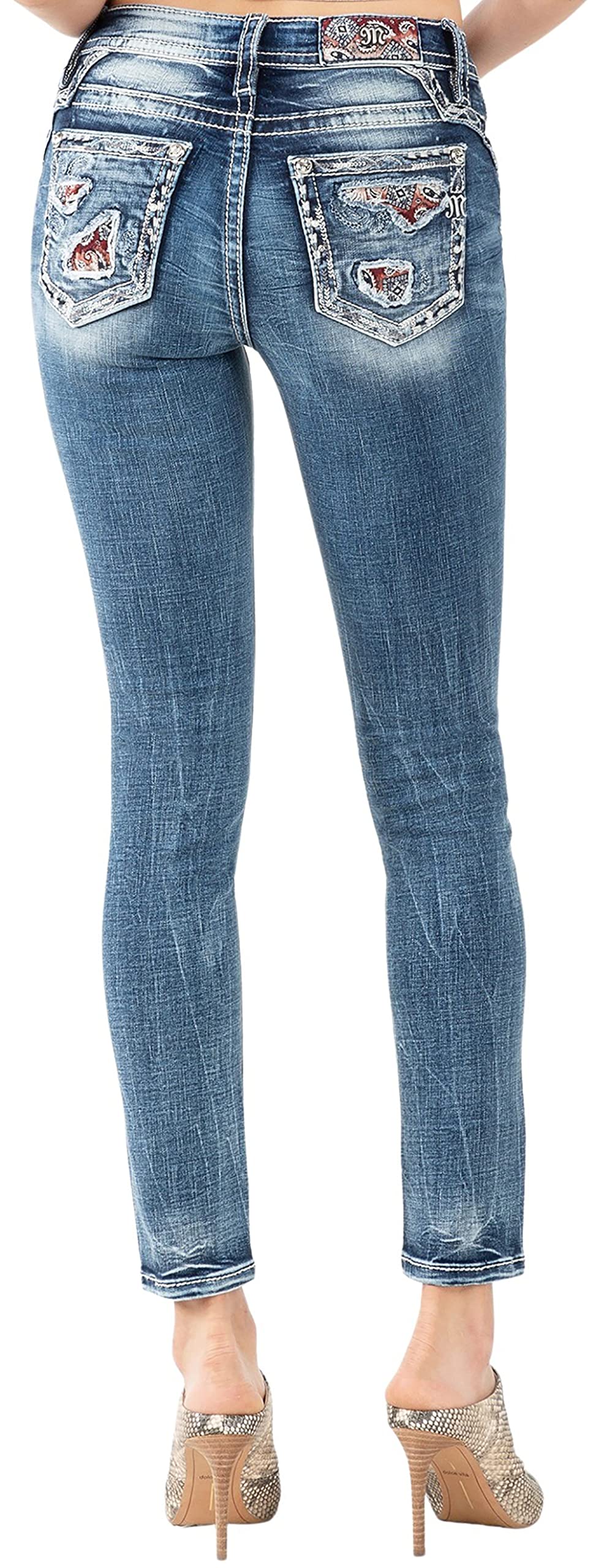 Miss Me Women's Mid Rise My Bandana Embellished Pocket Border Skinny Jeans - Stylish Denim Pants for Casual Wear, Night Out & Everyday Fashion