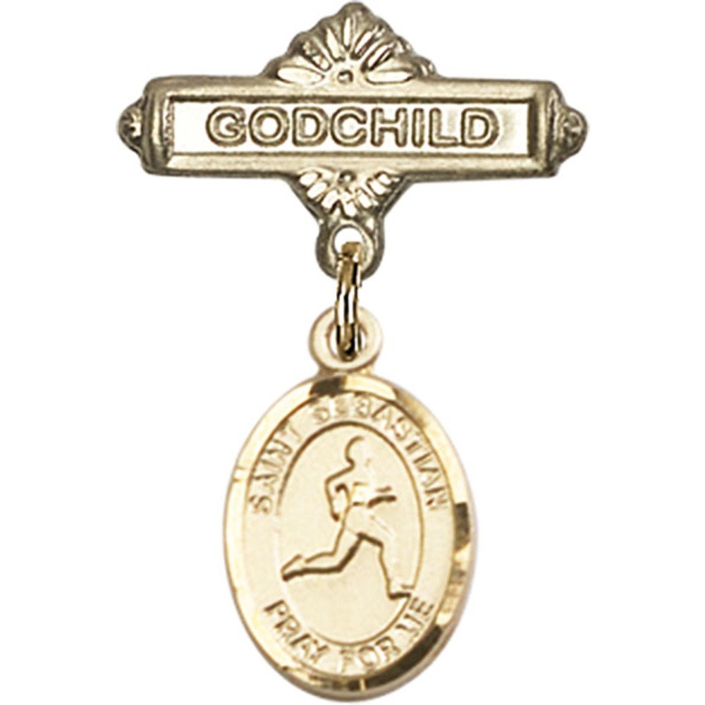 St. Sebastian Gold Filled Baby Badge - 1 X 5/8 Inch Track & Field Charm Godchild Pin - Perfect for Christenings, Baptisms & Athletic Blessings