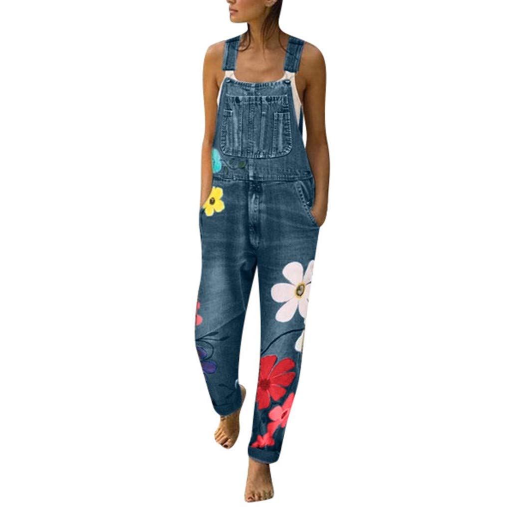Women's Casual Denim Bib Overalls - Cropped Boyfriend Fit Jumpsuit with Floral Print | Plus Size Denim Overalls for Women | Perfect for Spring Outfits, Music Festivals & Casual Street Style